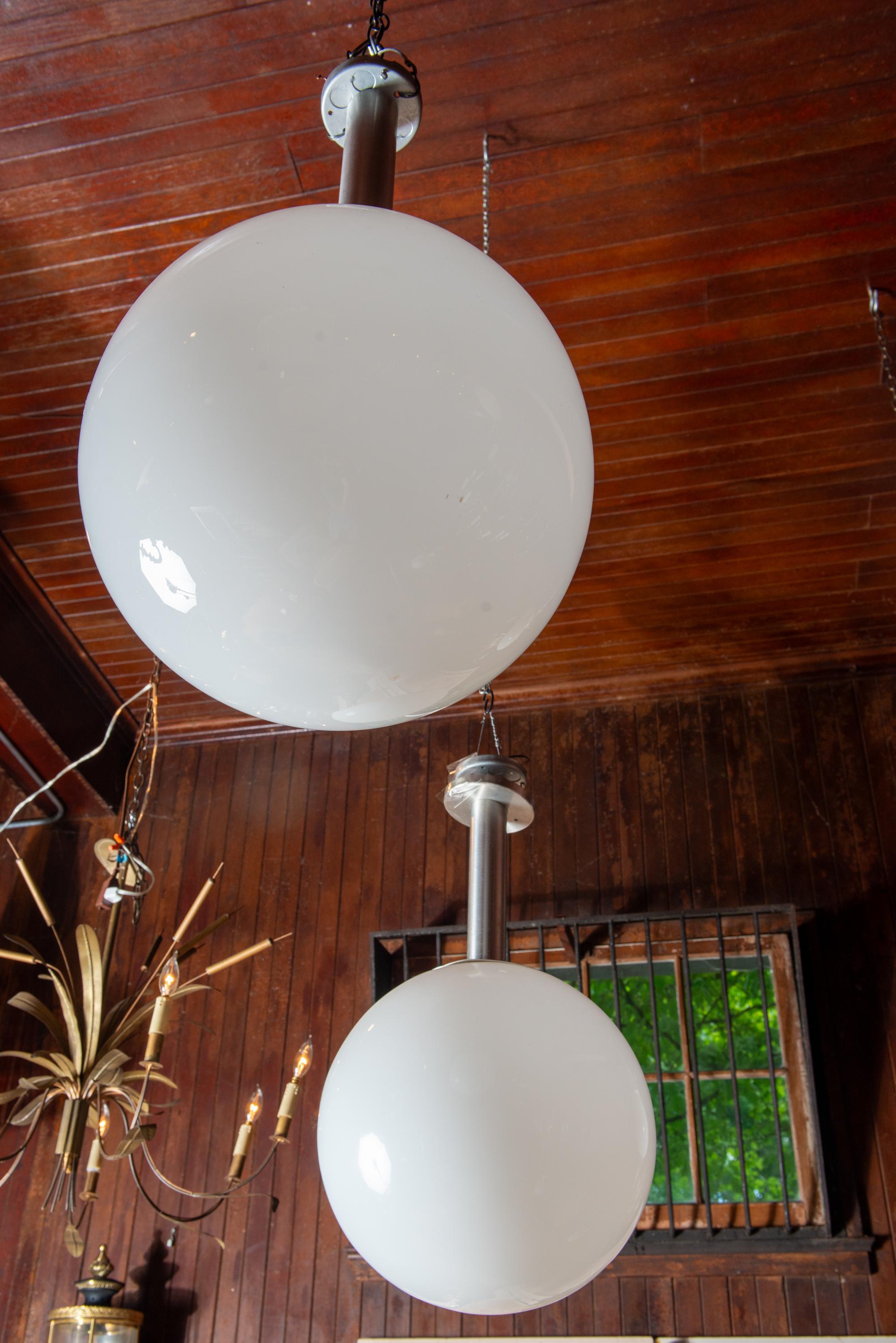 White Glass Ball Pendant Light with Aluminum Stem, Single or Pair For Sale 8