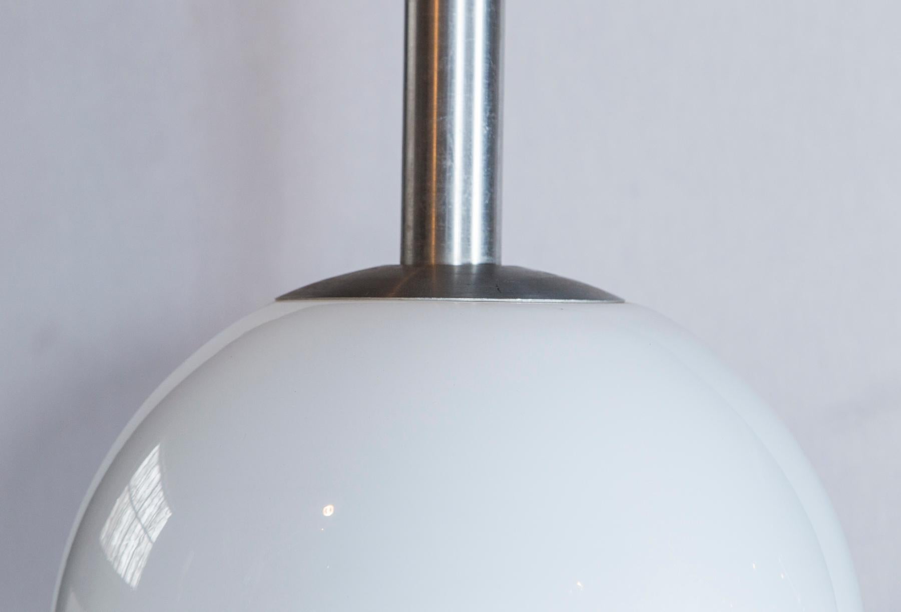 American White Glass Ball Pendant Light with Aluminum Stem, Single or Pair For Sale