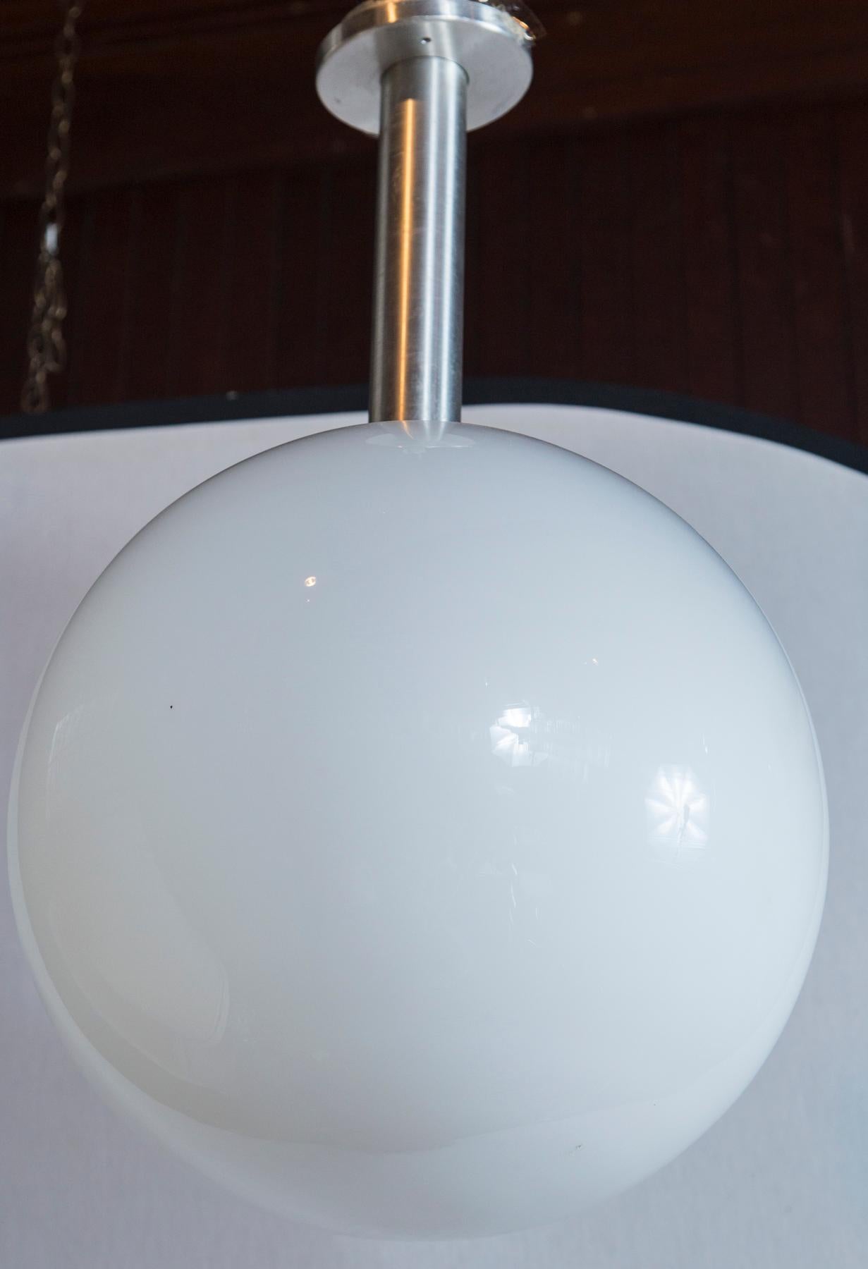 White Glass Ball Pendant Light with Aluminum Stem, Single or Pair In Good Condition For Sale In Stamford, CT