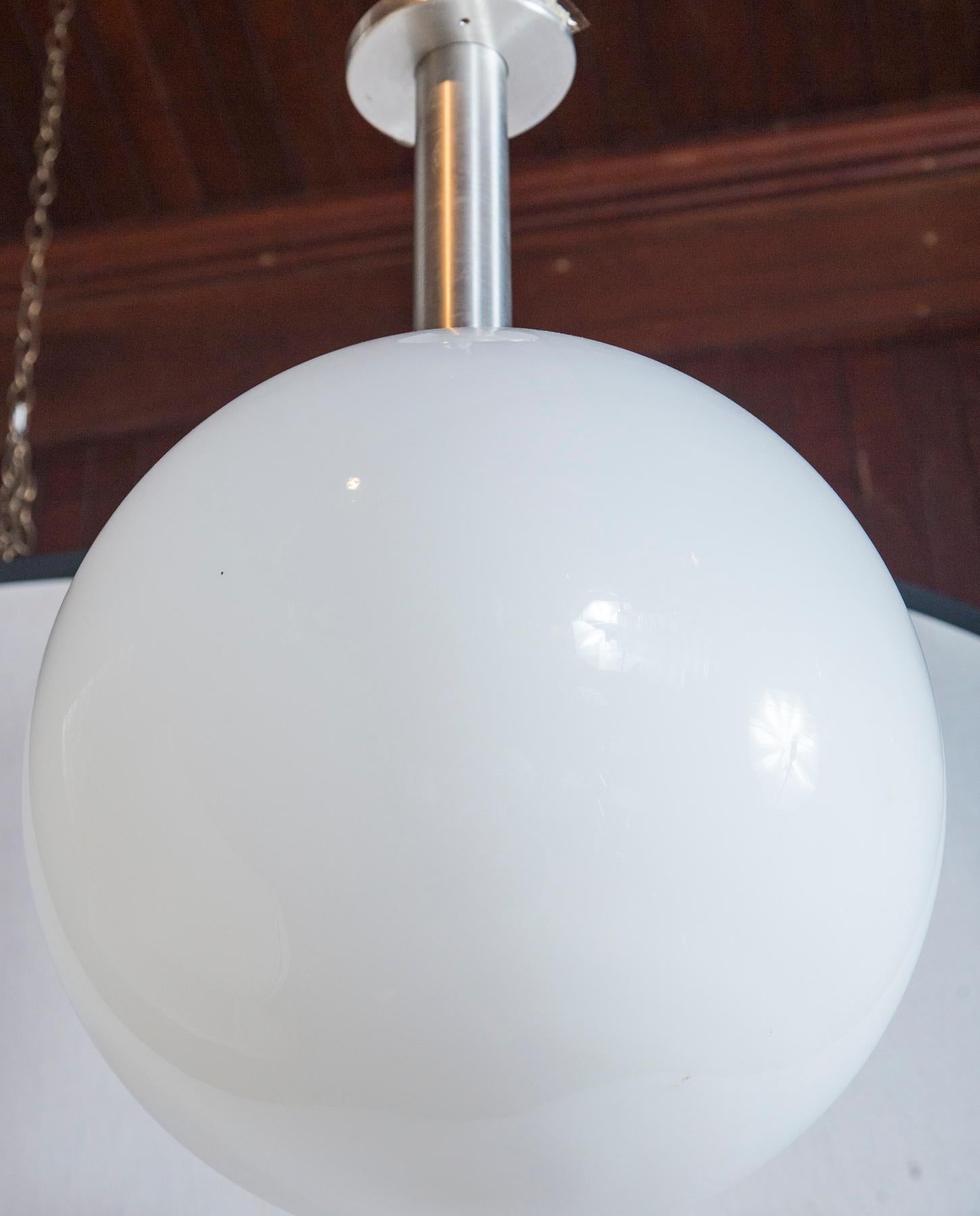 White Glass Ball Pendant Light with Aluminum Stem, Single or Pair In Good Condition For Sale In Stamford, CT