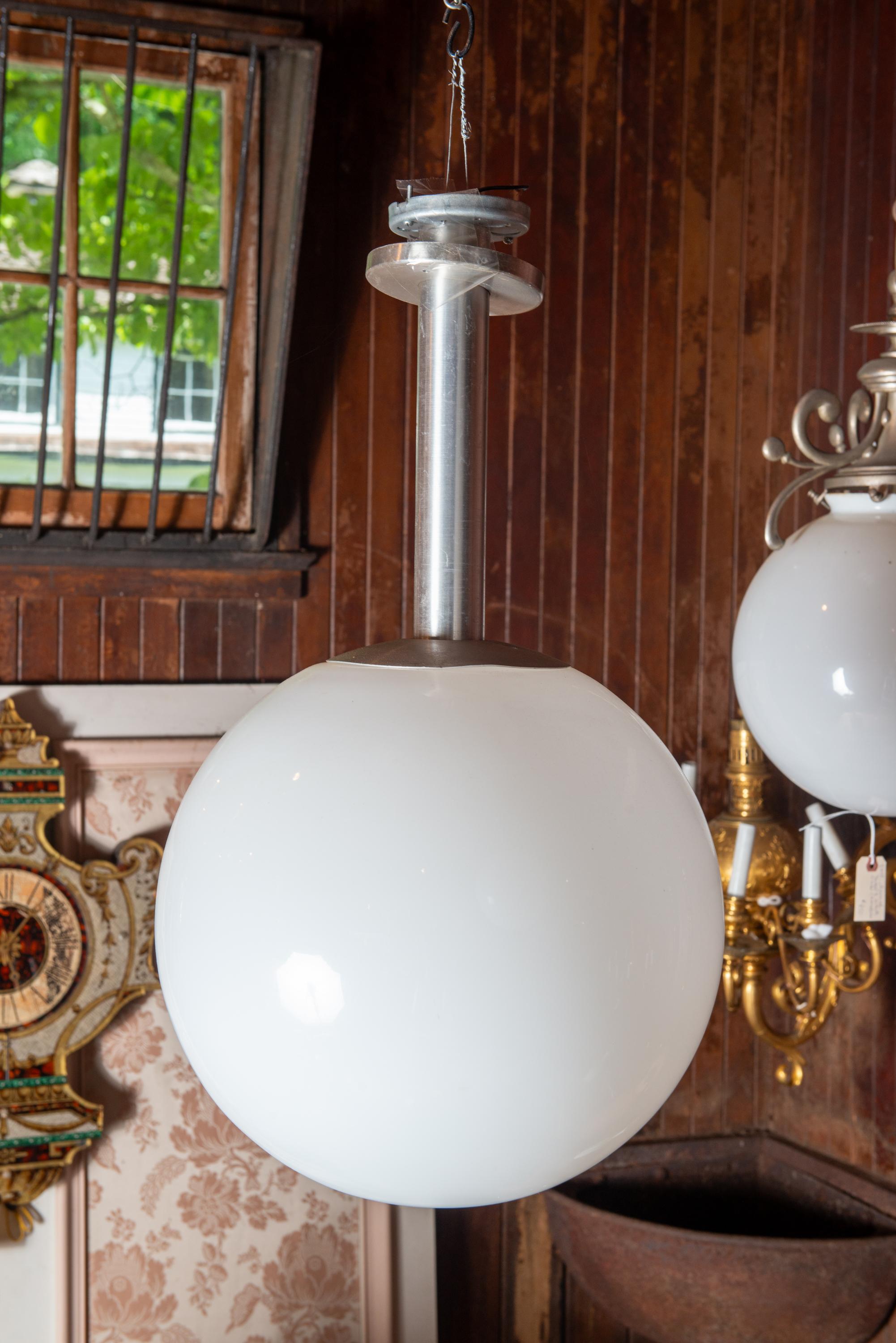 White Glass Ball Pendant Light with Aluminum Stem, Single or Pair For Sale 1