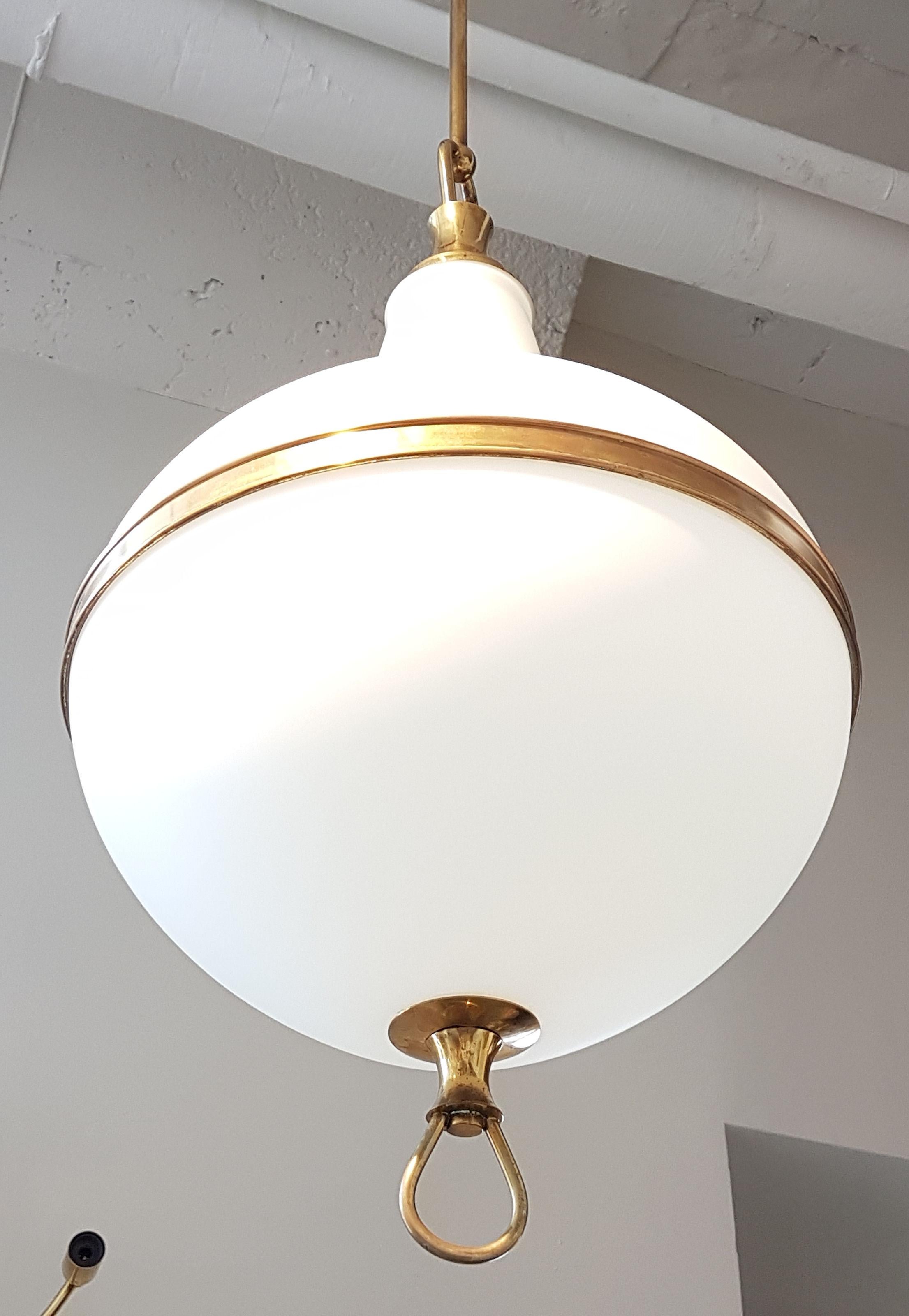 White Glass and Brass Mid-Century Modern Lantern, Stilnovo Style, 1960s In Good Condition In Dallas, TX