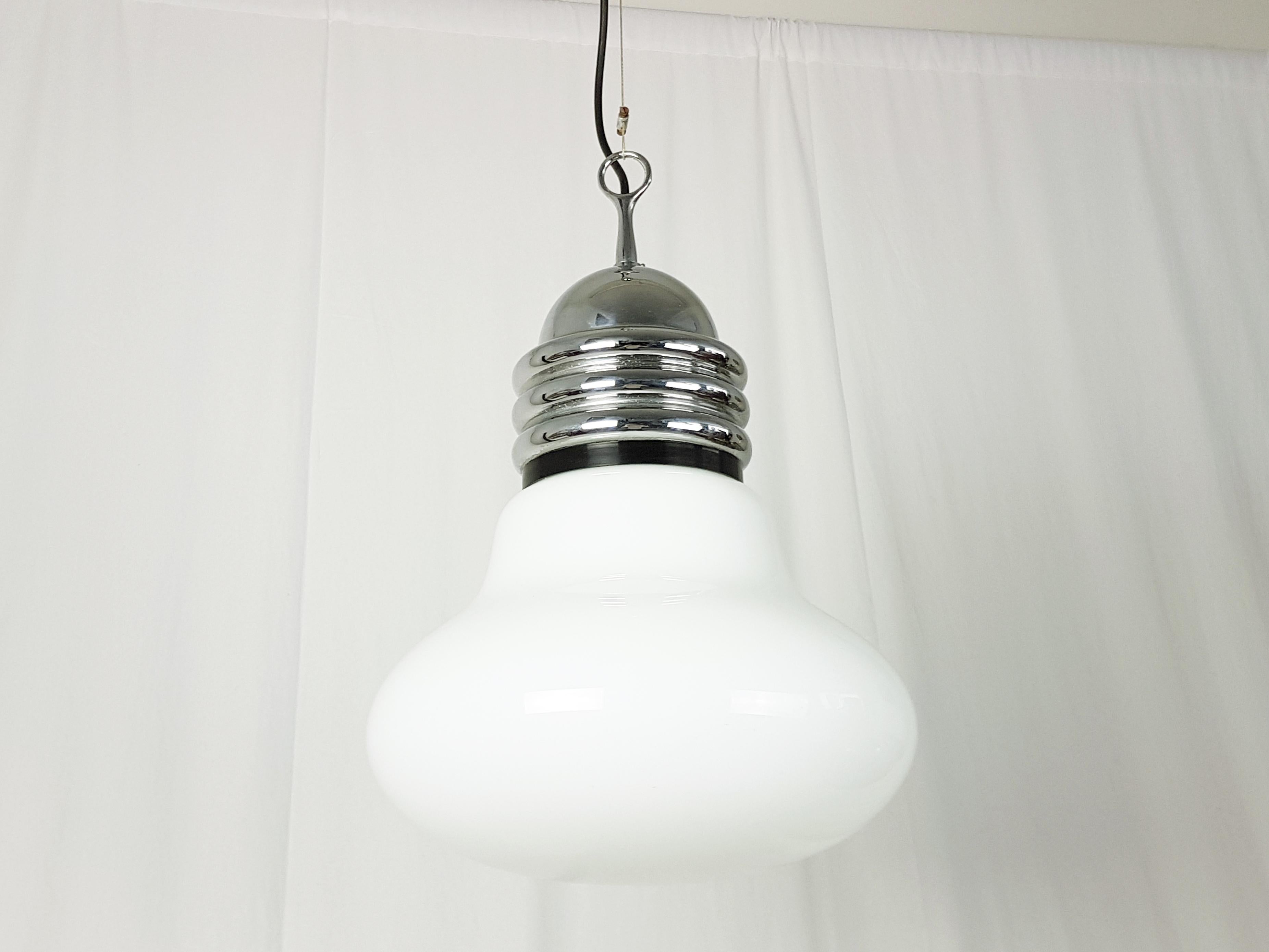 Mid-Century Modern Space age White Glass and Chrome-plated  Metal pendant Lamp  For Sale