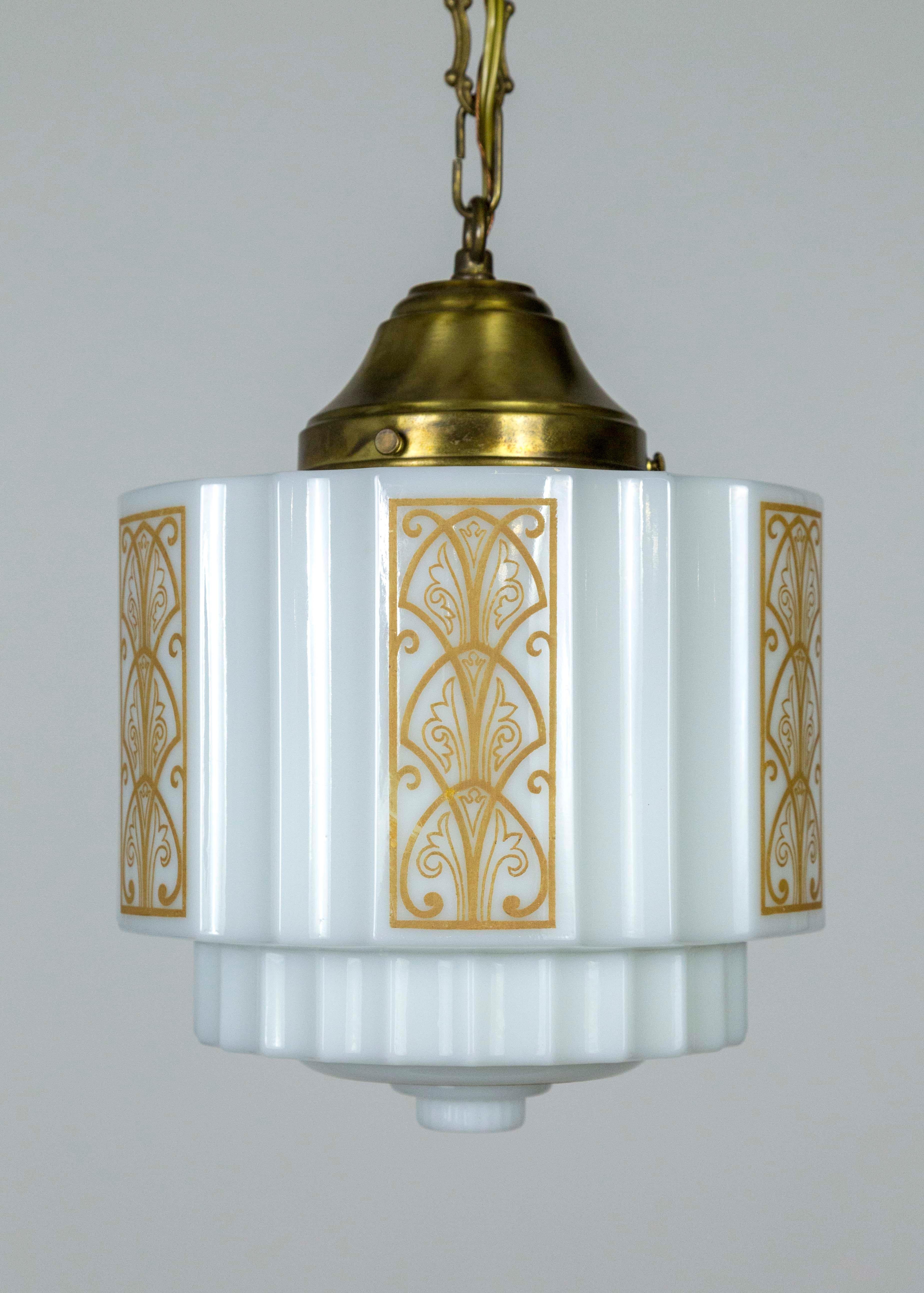 Art Deco Milk Glass Stepped Pendant Light w/ Amber Painted Motif In Good Condition In San Francisco, CA