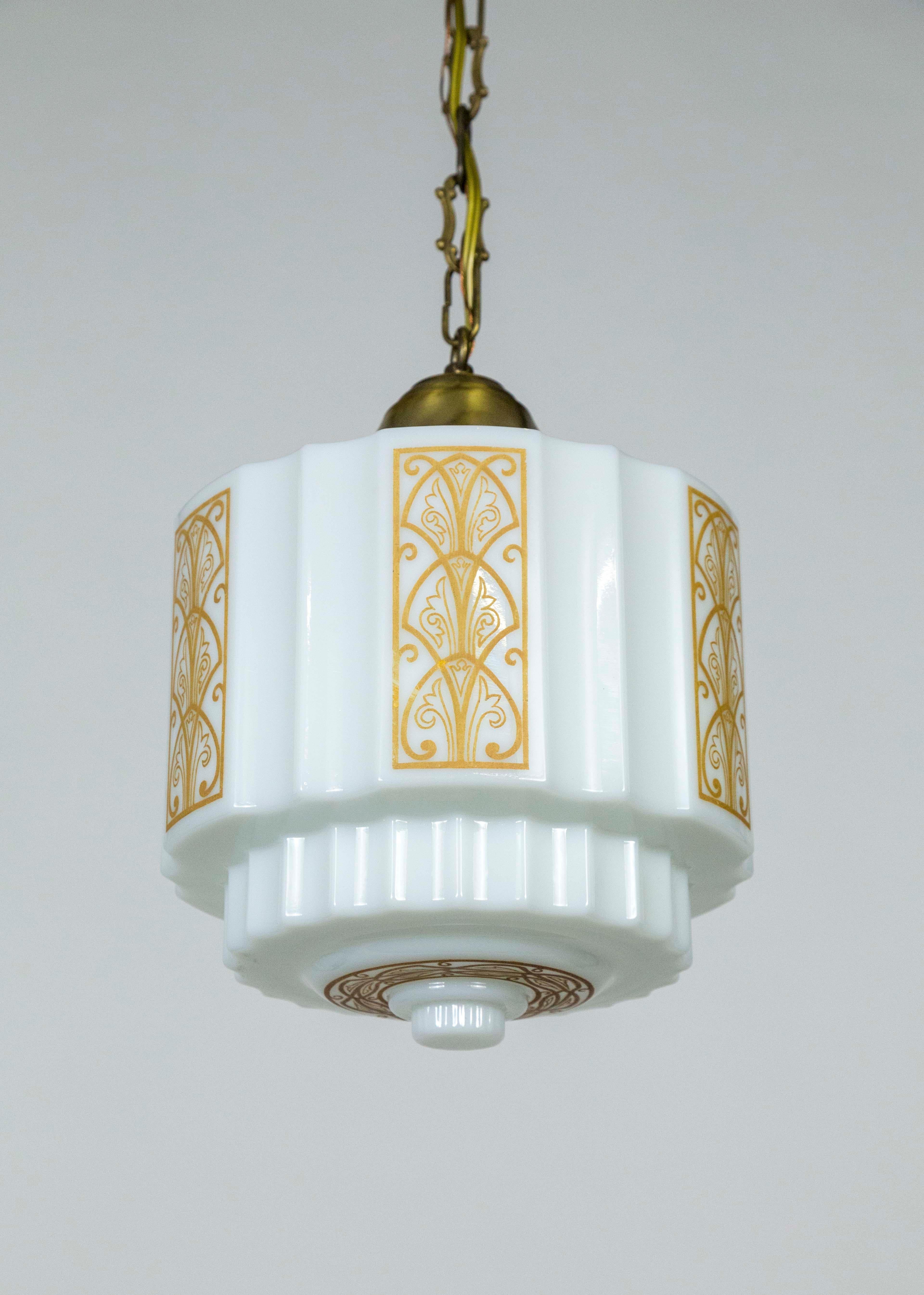 Early 20th Century Art Deco Milk Glass Stepped Pendant Light w/ Amber Painted Motif