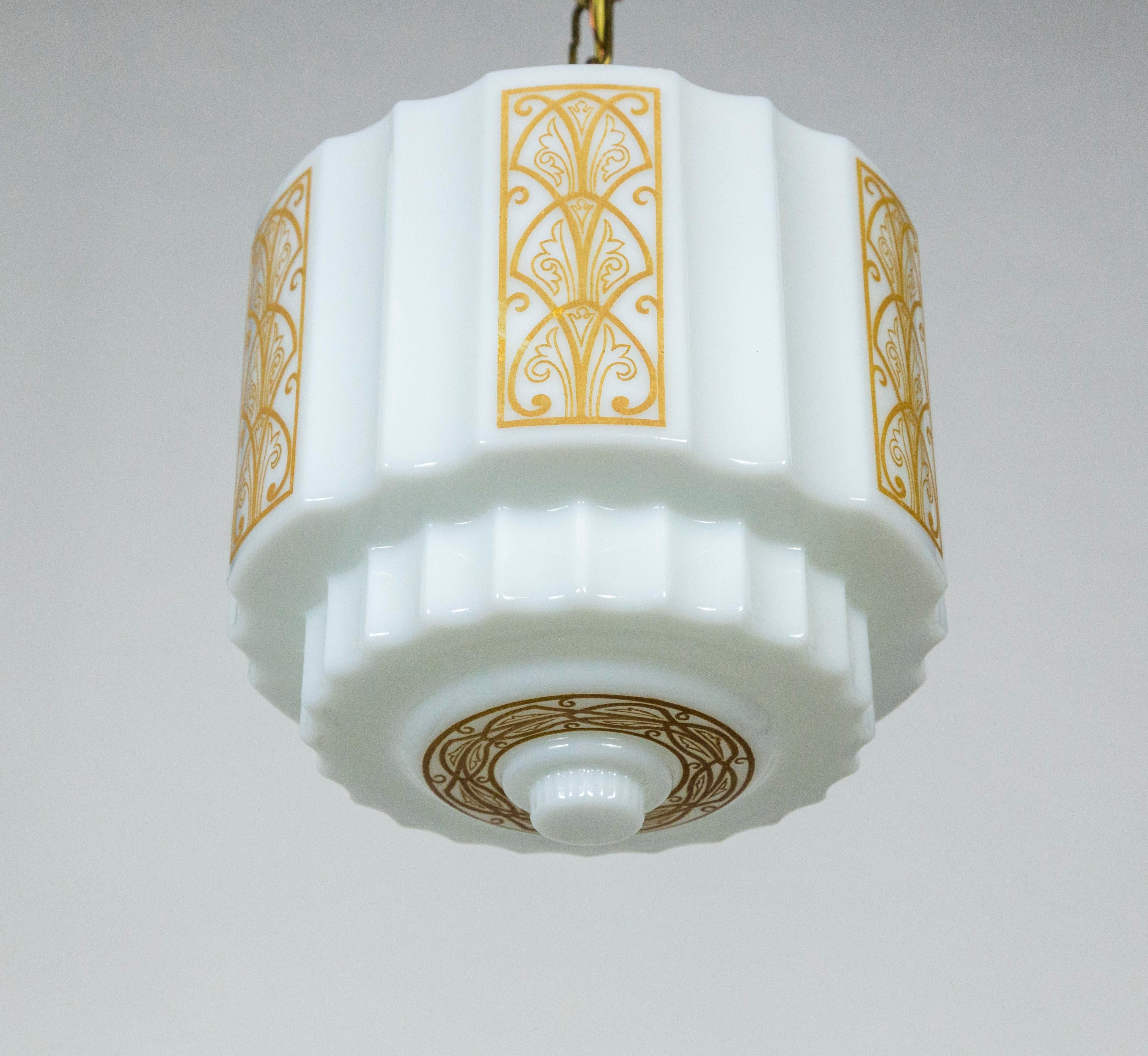 Brass Art Deco Milk Glass Stepped Pendant Light w/ Amber Painted Motif