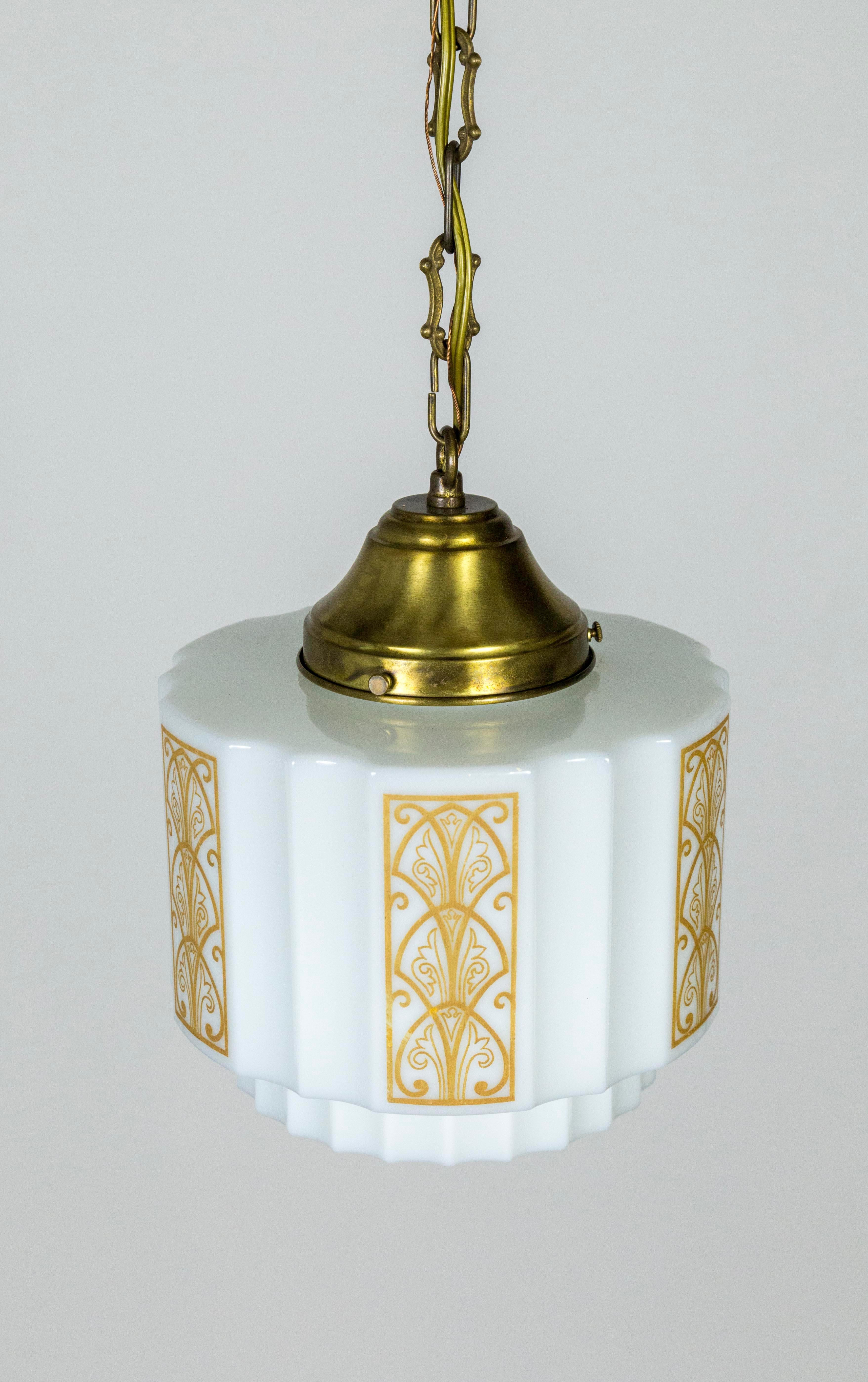 Art Deco Milk Glass Stepped Pendant Light w/ Amber Painted Motif 1
