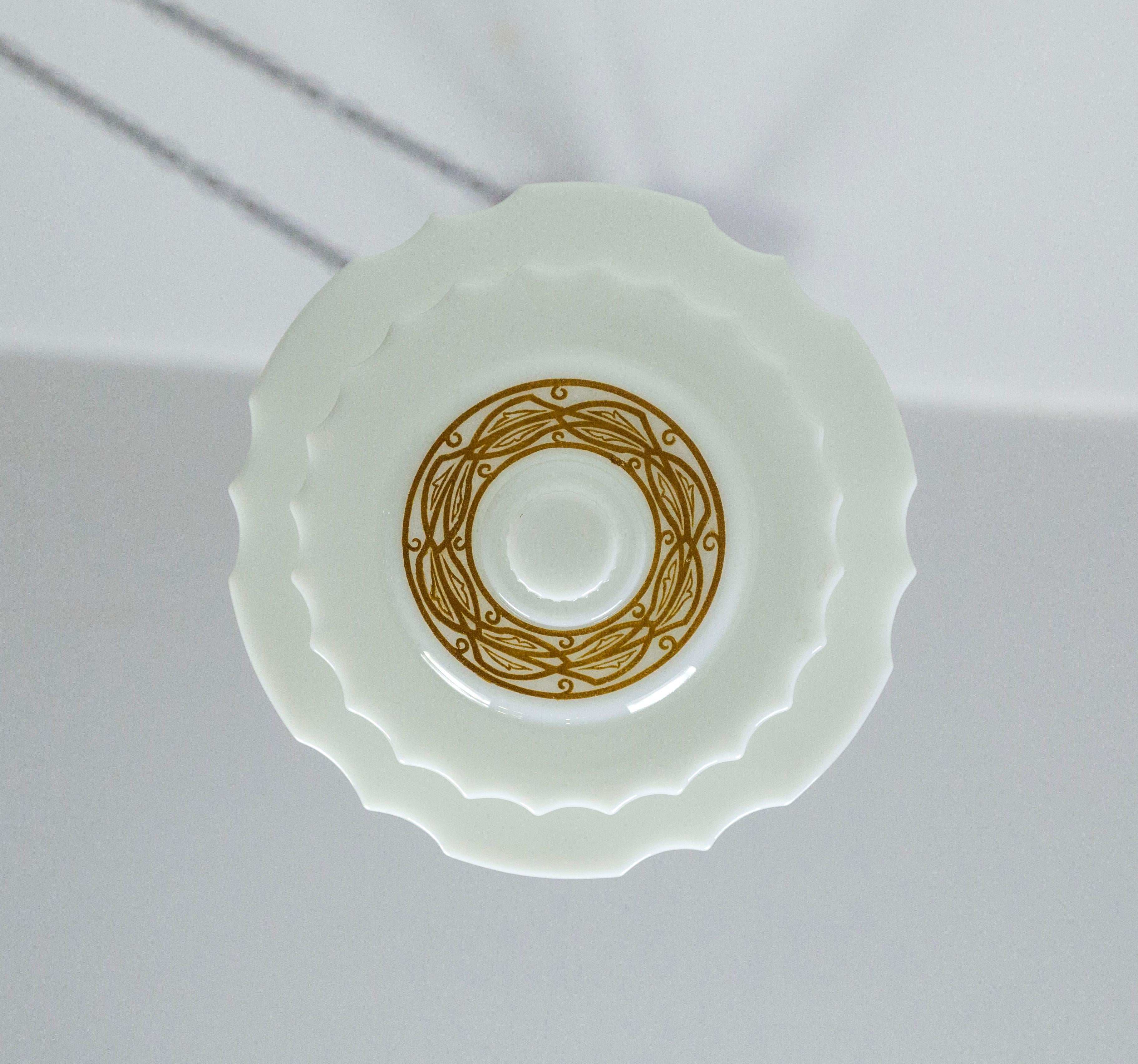 Art Deco Milk Glass Stepped Pendant Light w/ Amber Painted Motif 2