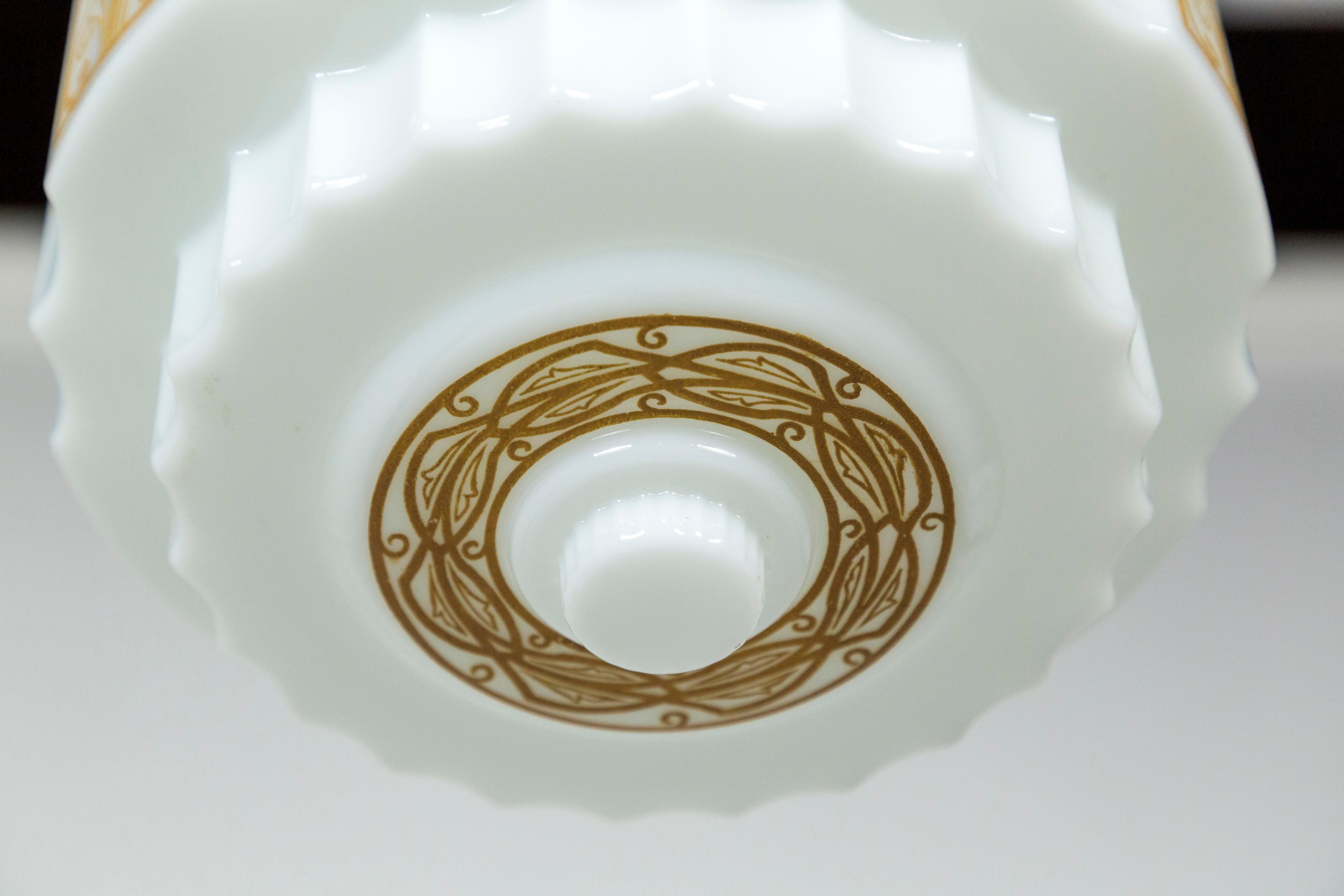 Art Deco Milk Glass Stepped Pendant Light w/ Amber Painted Motif 3
