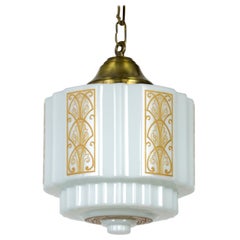 Art Deco Milk Glass Stepped Pendant Light w/ Amber Painted Motif