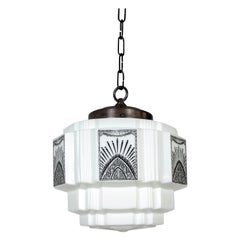 White Glass Deco Pendant with Black Painted Radial Motif