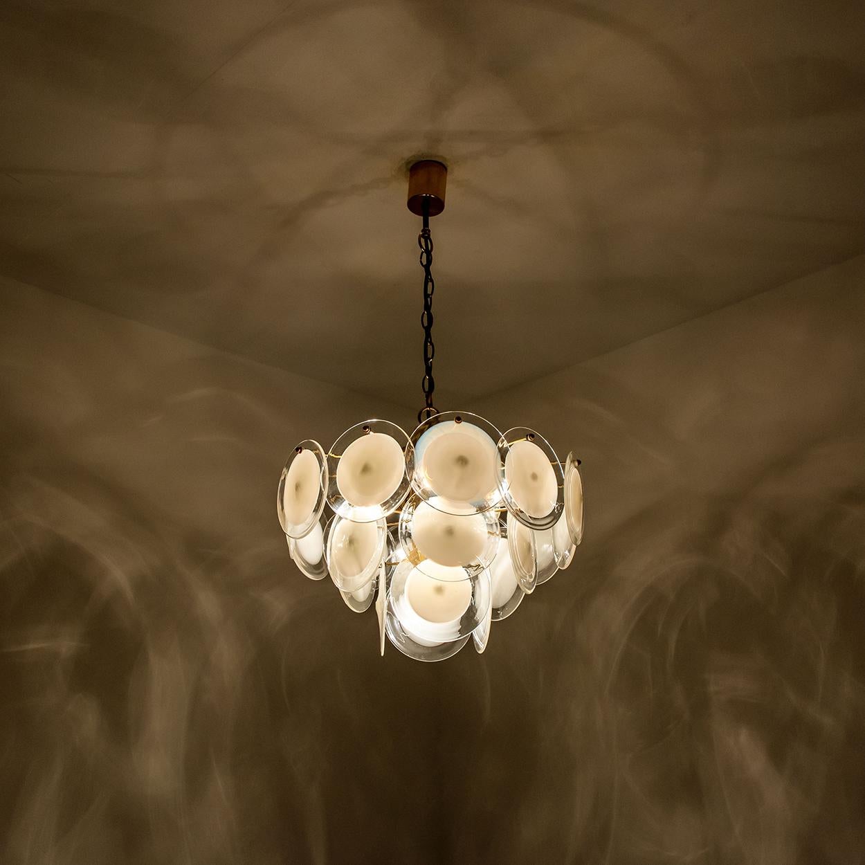 White Glass Disc Chandelier in the Style of Vistosi, Italy, 1970s For Sale 9