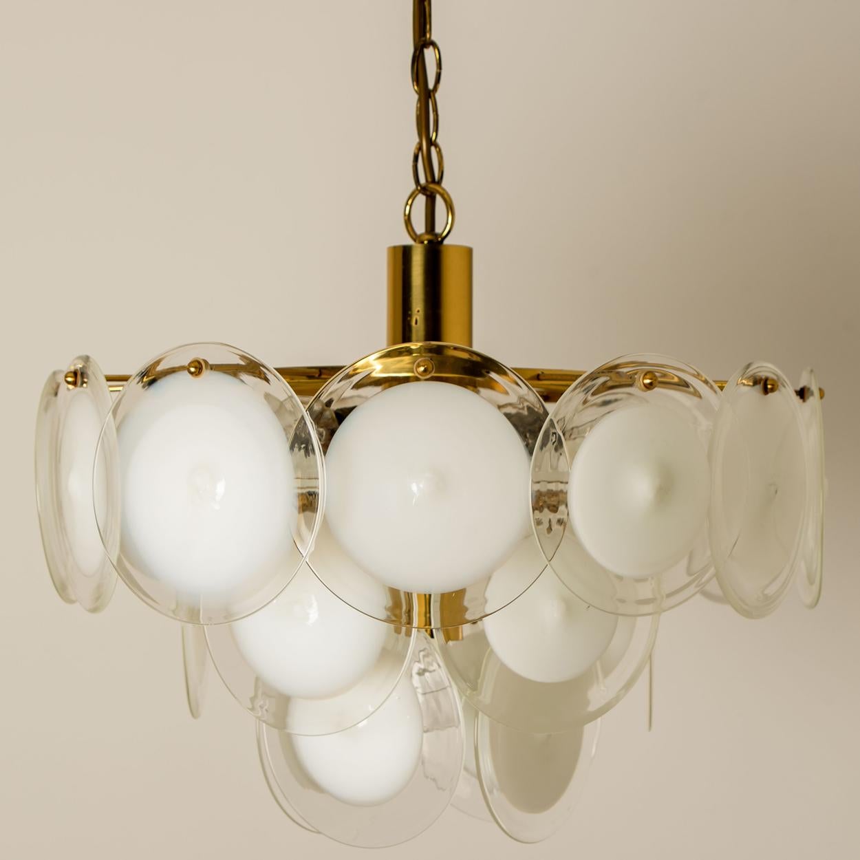 Italian White Glass Disc Chandelier in the Style of Vistosi, Italy, 1970s For Sale