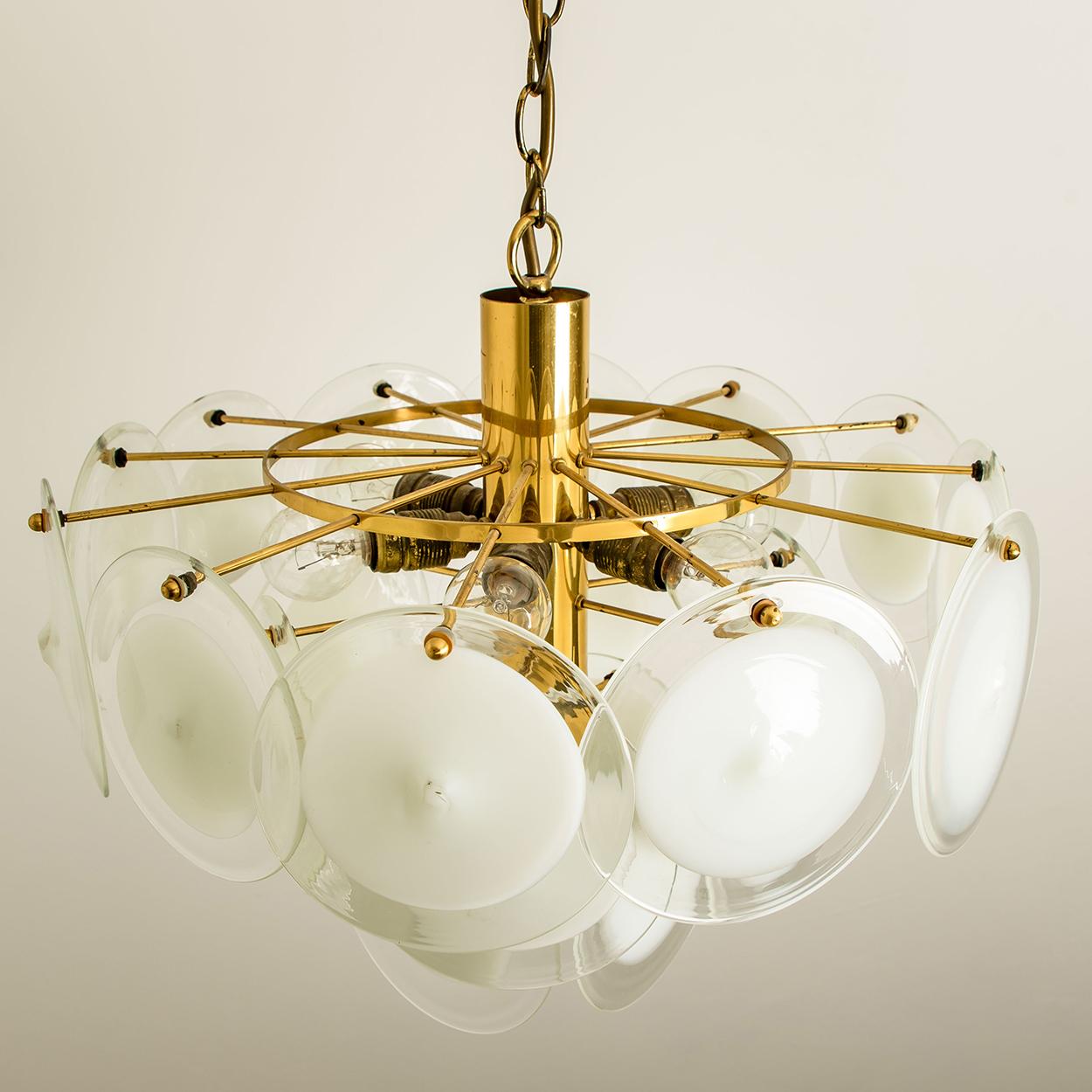 Brass White Glass Disc Chandelier in the Style of Vistosi, Italy, 1970s For Sale
