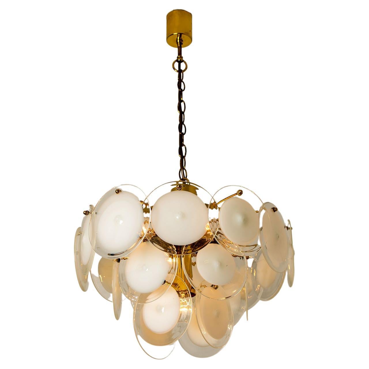 White Glass Disc Chandelier in the Style of Vistosi, Italy, 1970s