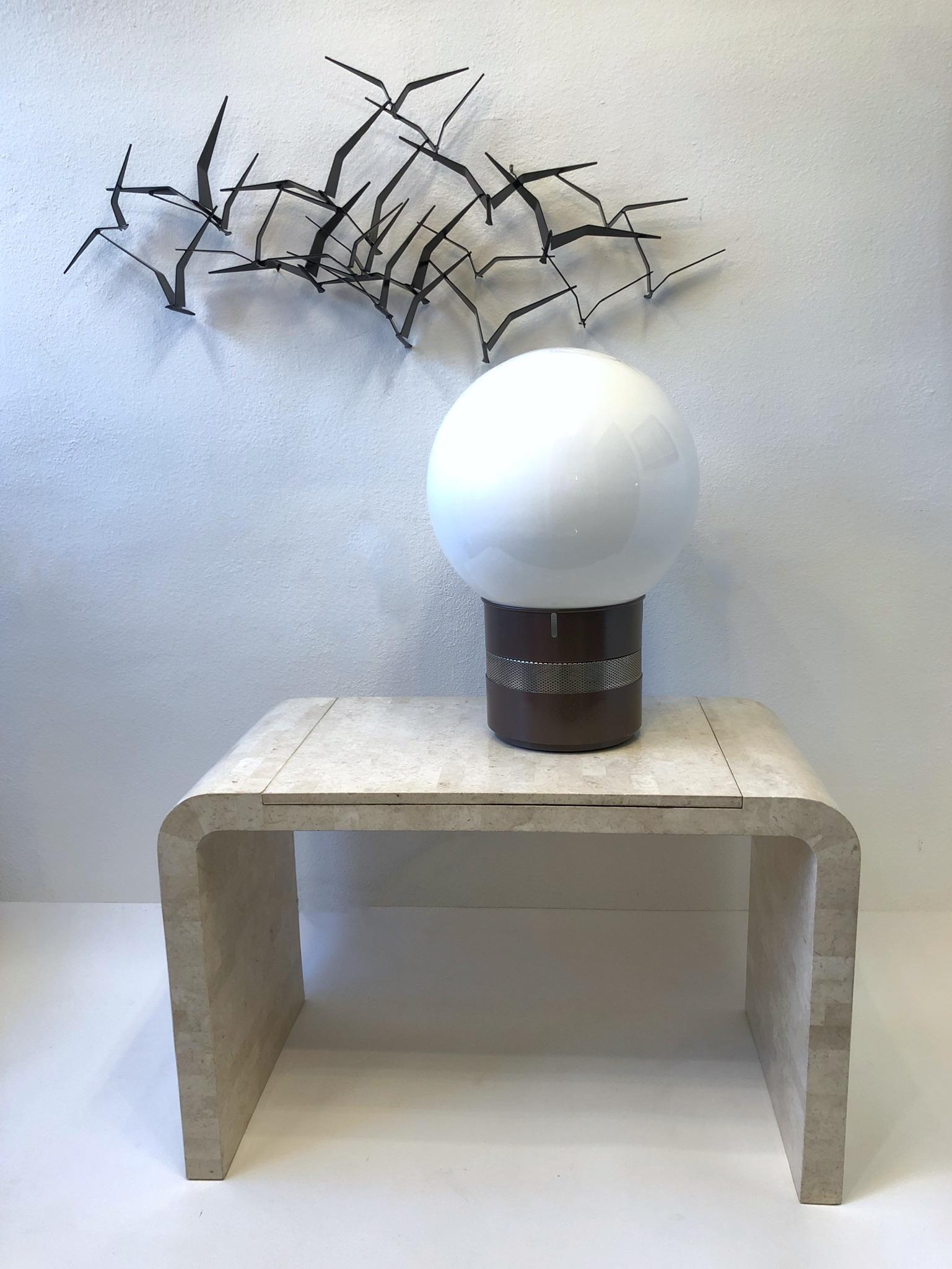 Late 20th Century White Glass Globe and Brow Powder Coated Table Lamp by Gae Aulenti For Sale