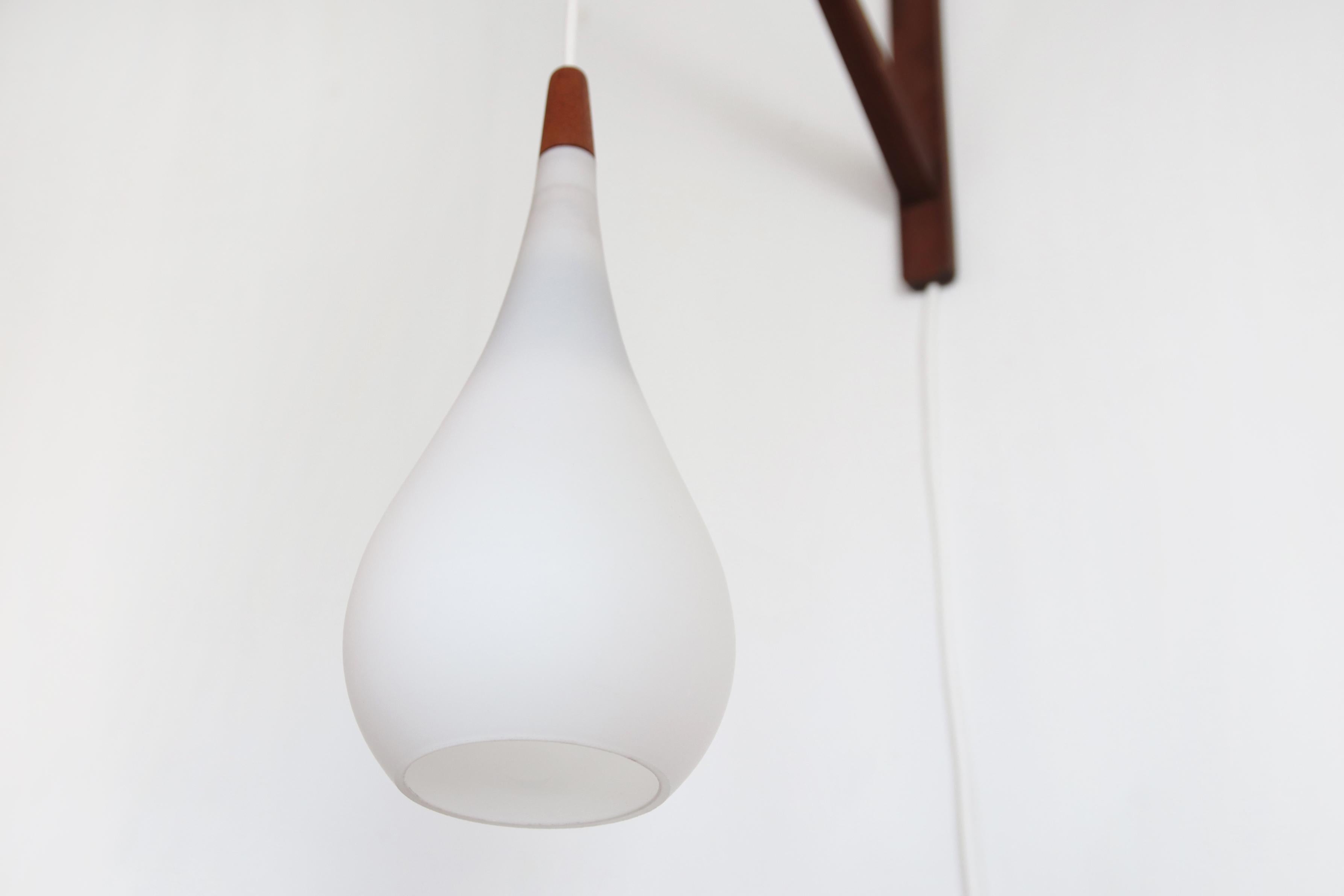 Mid-20th Century White Glass Holmegaard 'The Drop' Pendant with Teak Wall Fixture, 1960s, Denmark