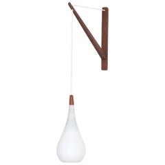 White Glass Holmegaard 'The Drop' Pendant with Teak Wall Fixture, 1960s, Denmark