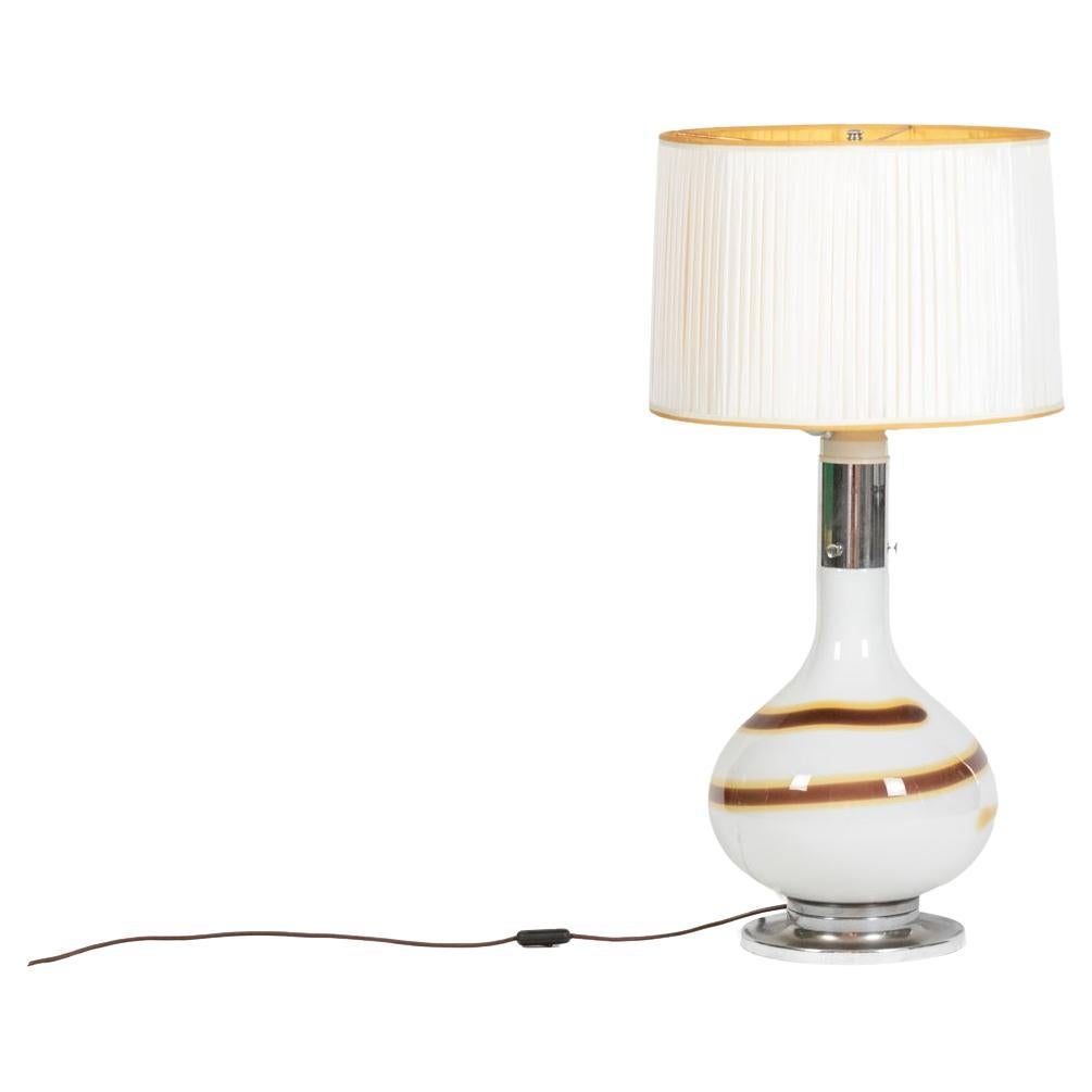 White glass lamp decorated with a brown and yellow spiral, 1970s For Sale