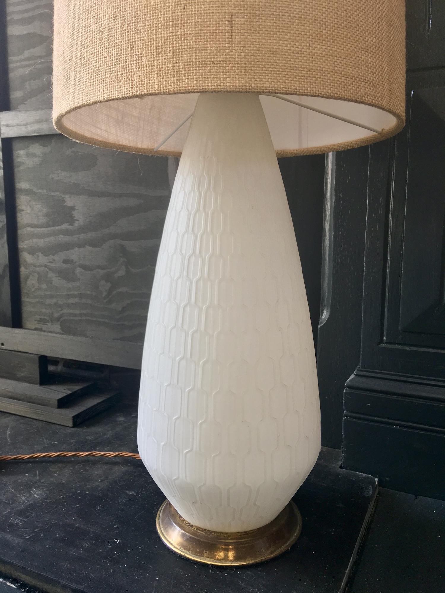 Mid-Century Modern White Glass and Brass Lamp with Three-Way Switch, Mid-20th Century European