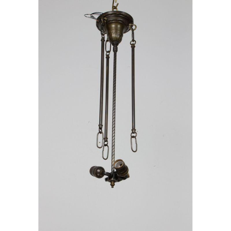 White Glass Panel Bowl. Three Light Cluster. Fixture is a dark oil rubbed bronze finish. Mix of brass and steel. Glass is C.1920. Fixture is custom with some vintage parts. Completely rewired and cleaned. Height is of total fixture.

Dimensions: