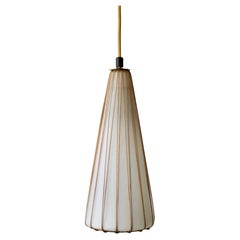 White Glass Pendant Light with Rattan & Brass Details by Idman Oy, Finland