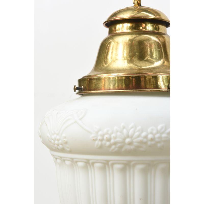 Neoclassical Revival White Glass Pendant with Floral Design For Sale