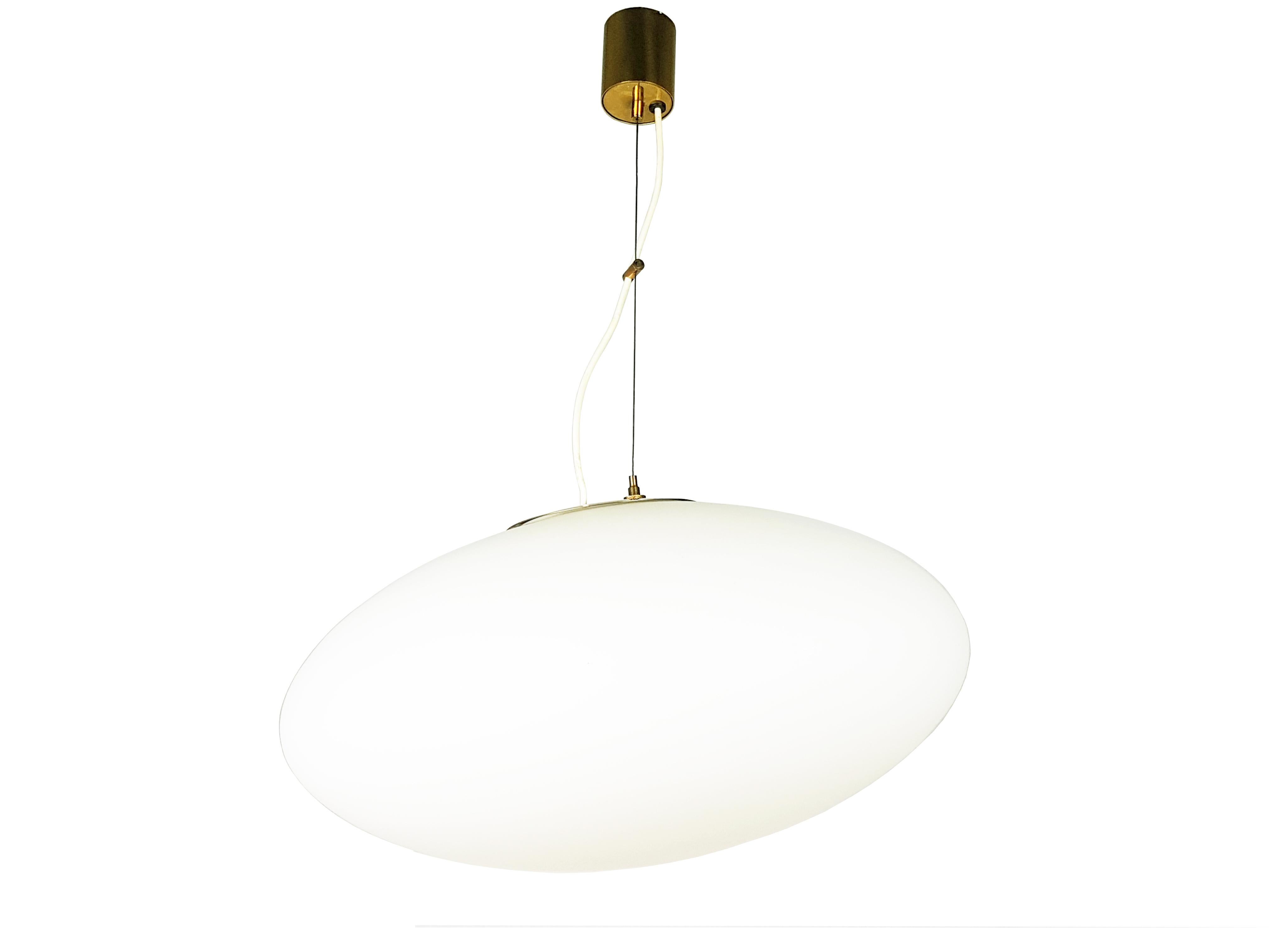 Painted White Glass Shade and Brass 1950s Pendant Mod, 1104 