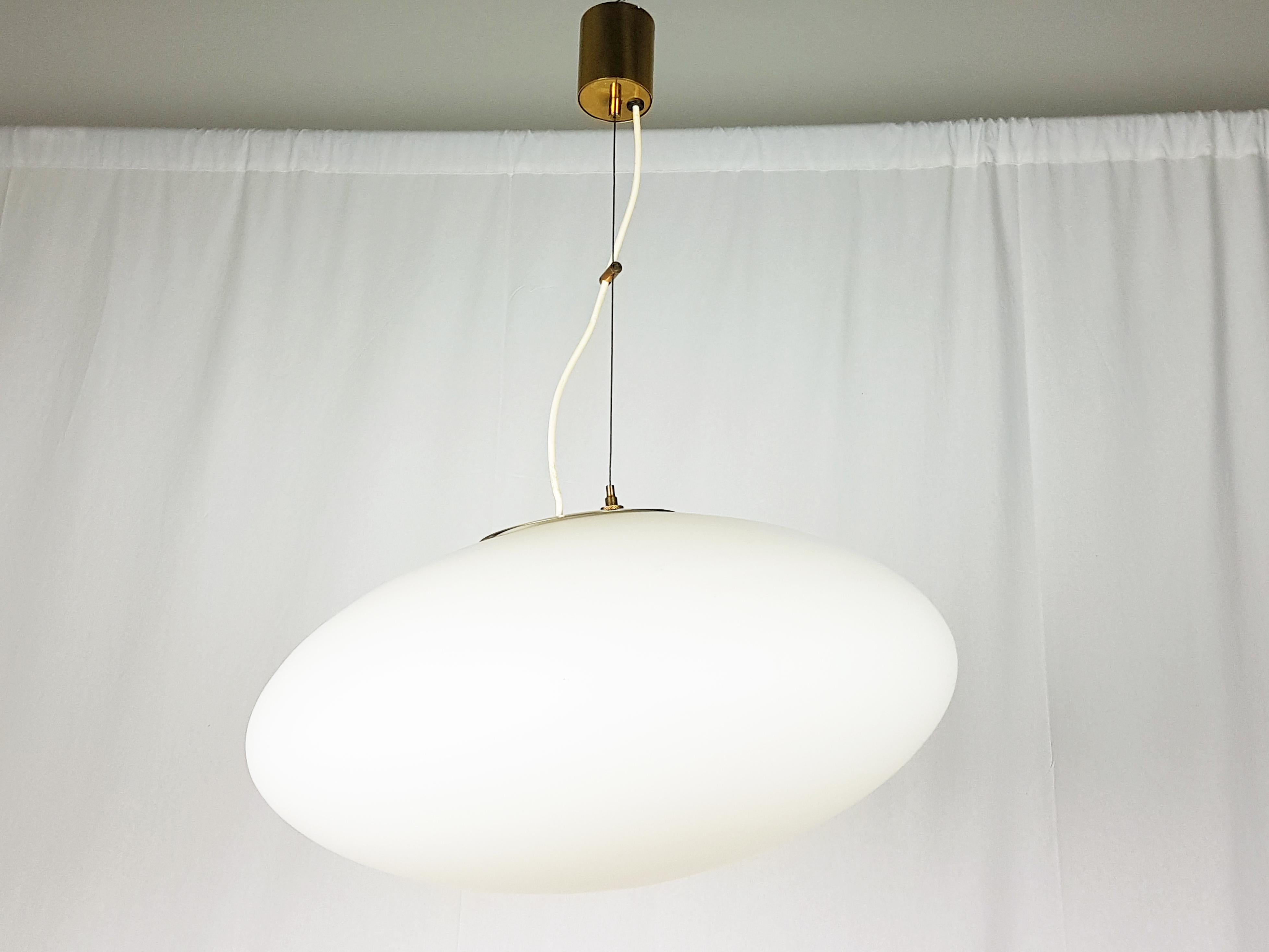 White Glass Shade and Brass 1950s Pendant Mod, 1104 