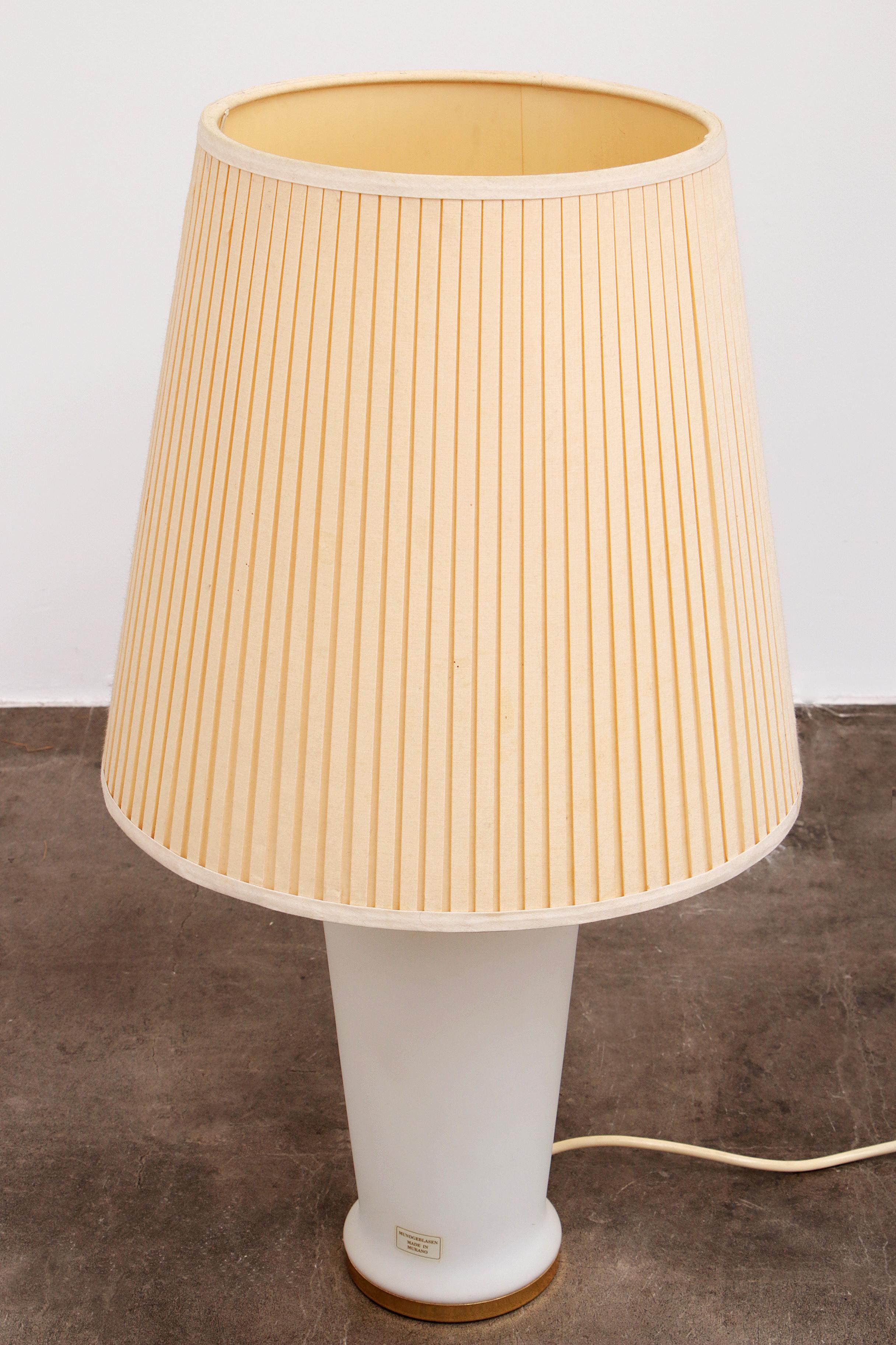 20th Century White Glass Table Lamp with a Pliche Fabric Shade, 70s For Sale