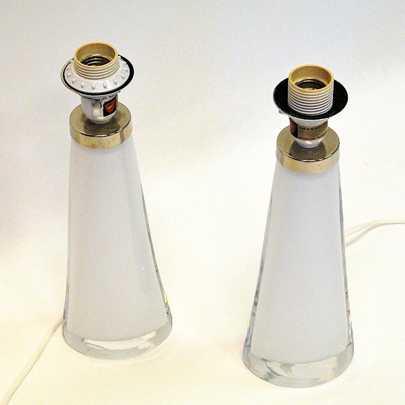 Crystal White Glass Tablelamp Pair by Carl Fagerlund for Orrefors, Sweden 1960s