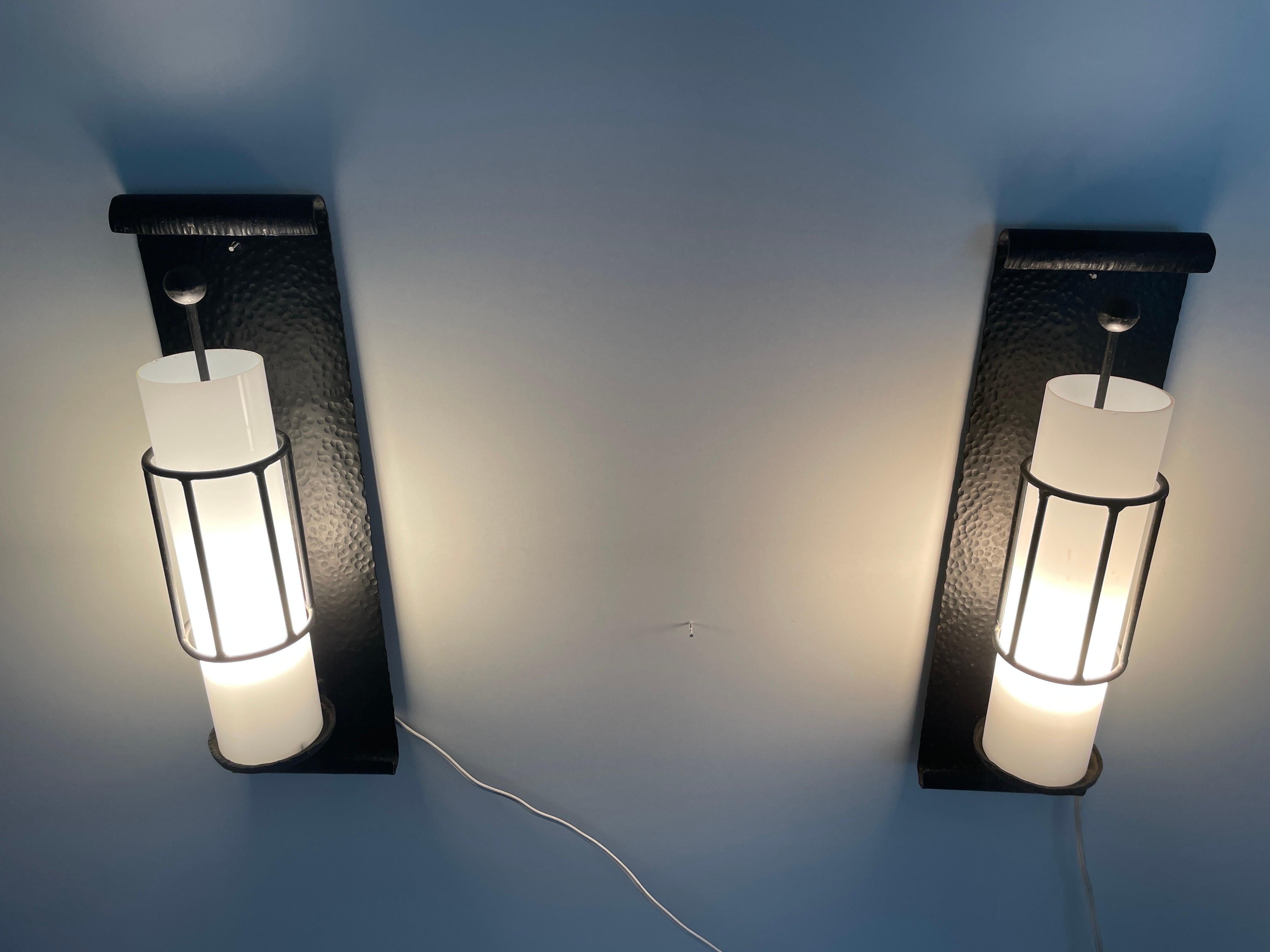 White Glass with Black Wrought Iron Pair of Cinema Sconces, 1960s, Germany  For Sale 5