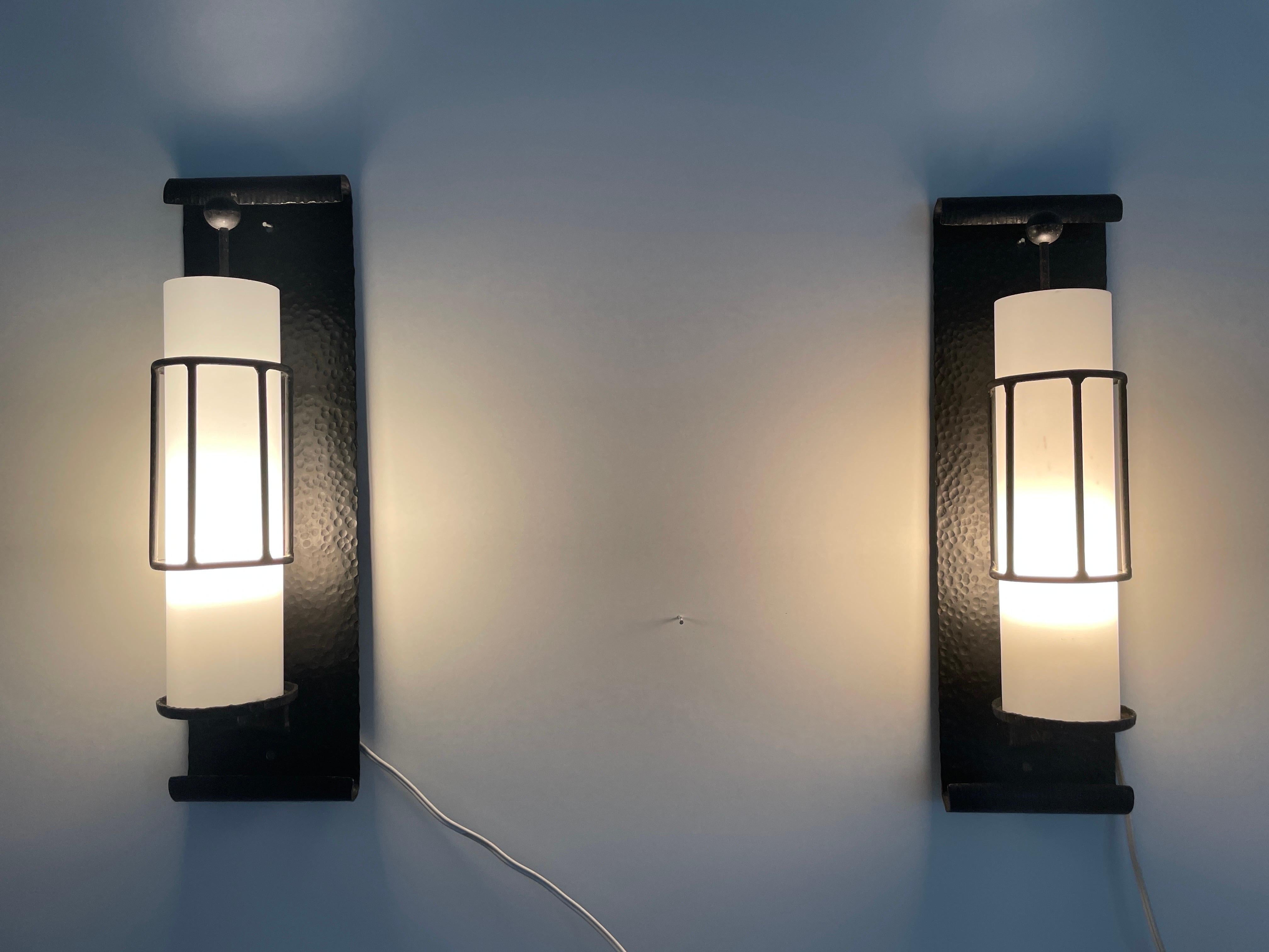 White Glass with Black Wrought Iron Pair of Cinema Sconces, 1960s, Germany  For Sale 3
