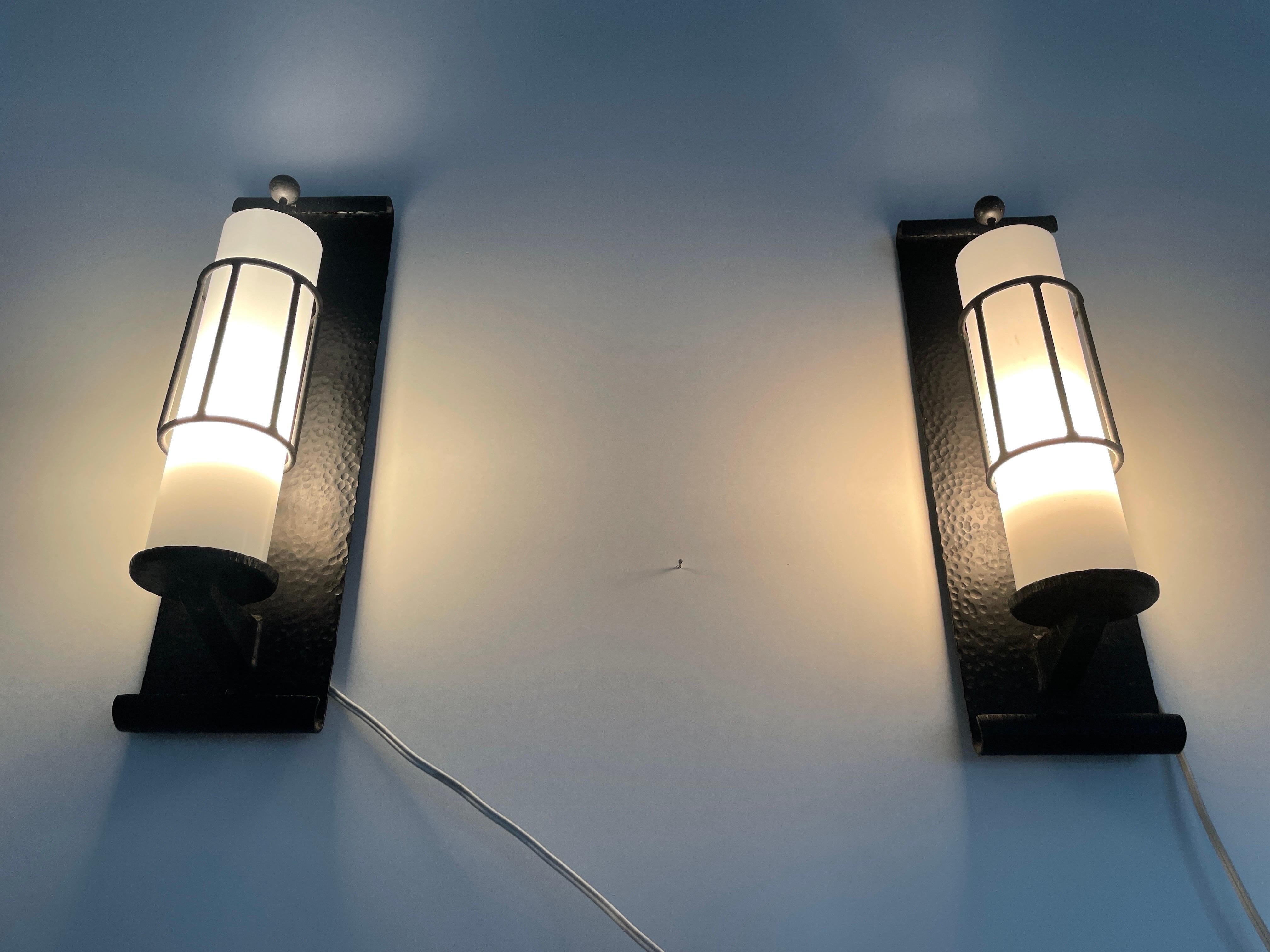 White Glass with Black Wrought Iron Pair of Cinema Sconces, 1960s, Germany  For Sale 4