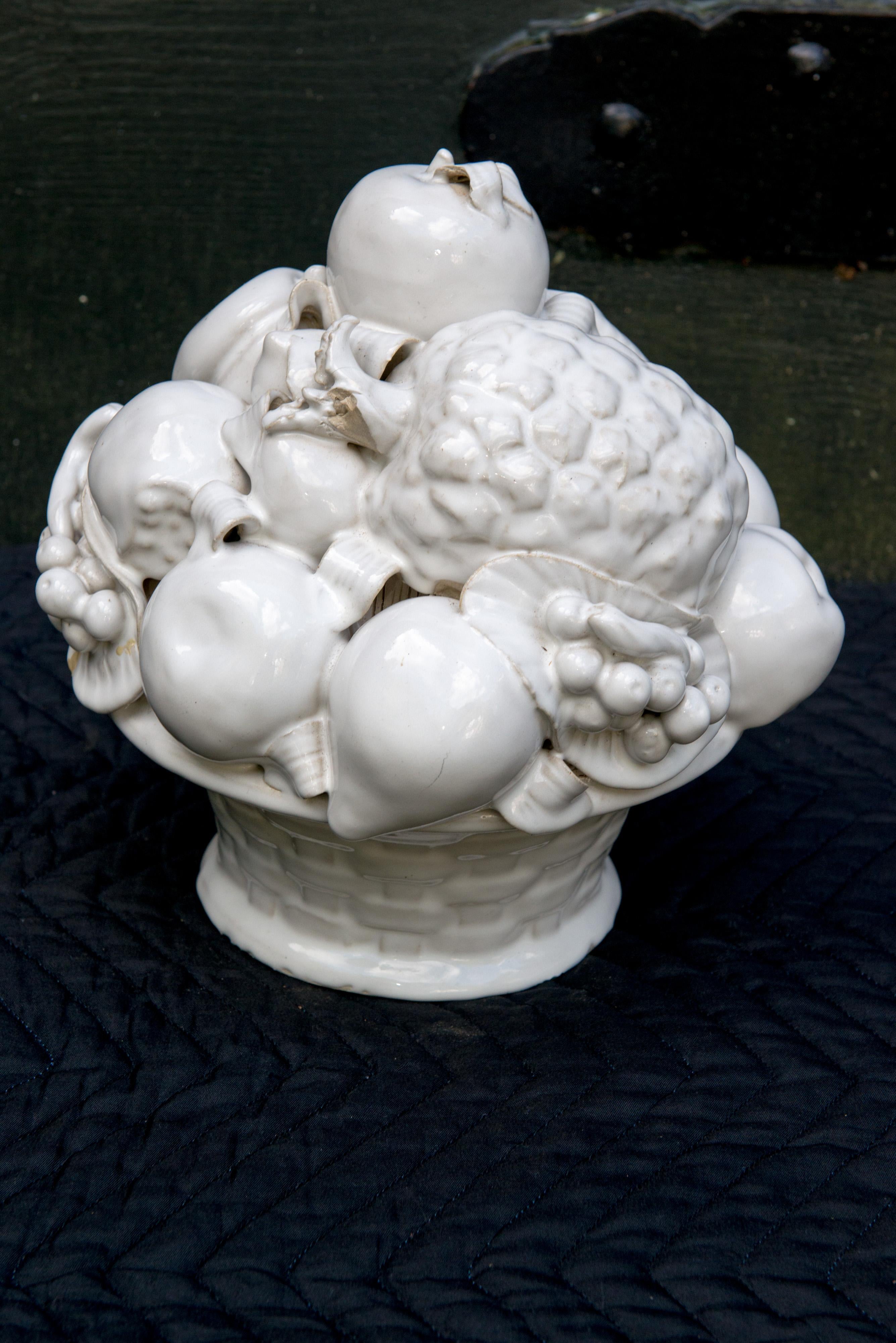 White Glazed Ceramic Basket of Fruit, Mrs Henry Ford II Estate In Fair Condition For Sale In Stamford, CT