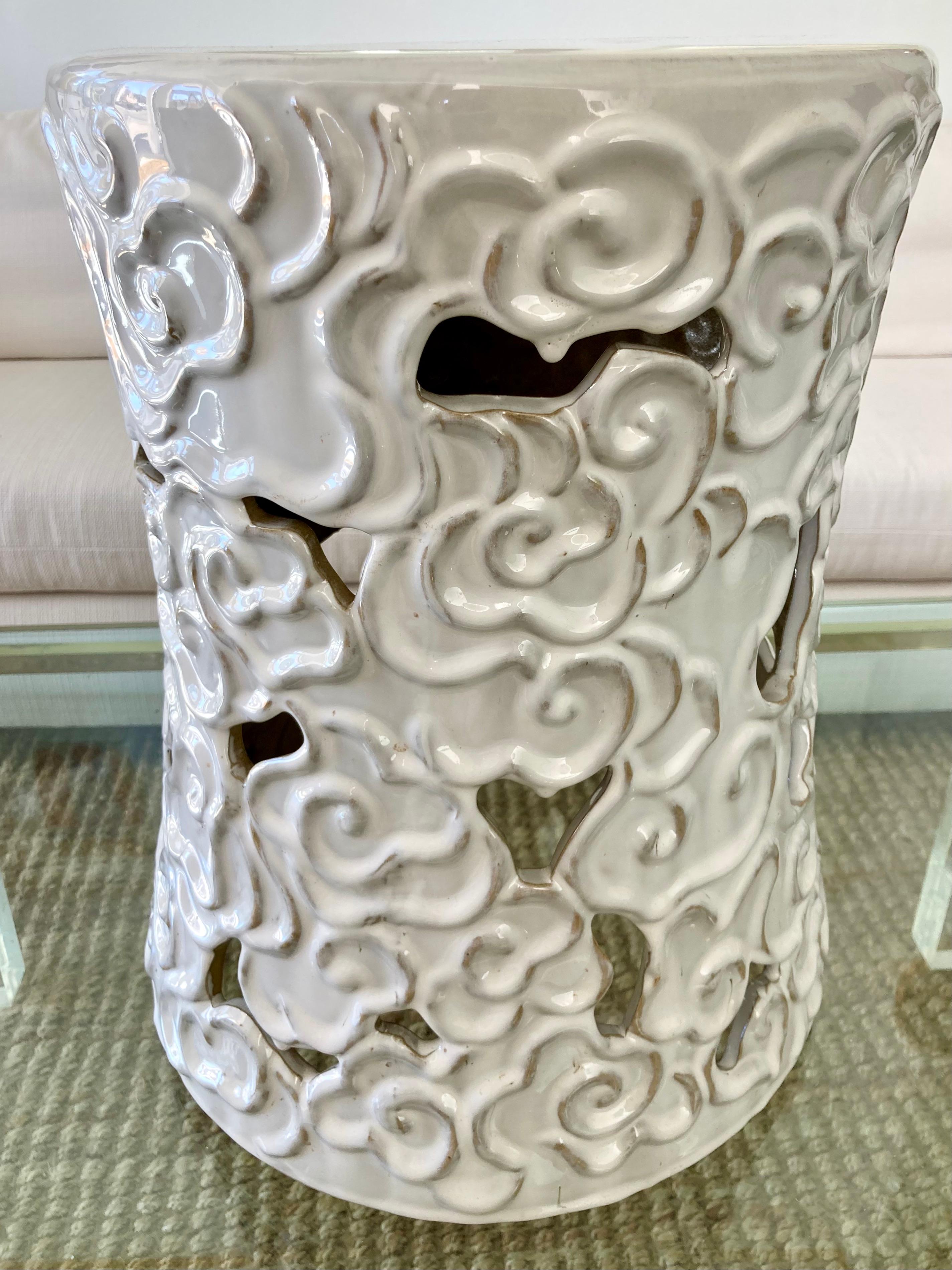 Beautiful white glazed ceramic cloud garden seat. Great addition to your patio and outdoors for drinks.