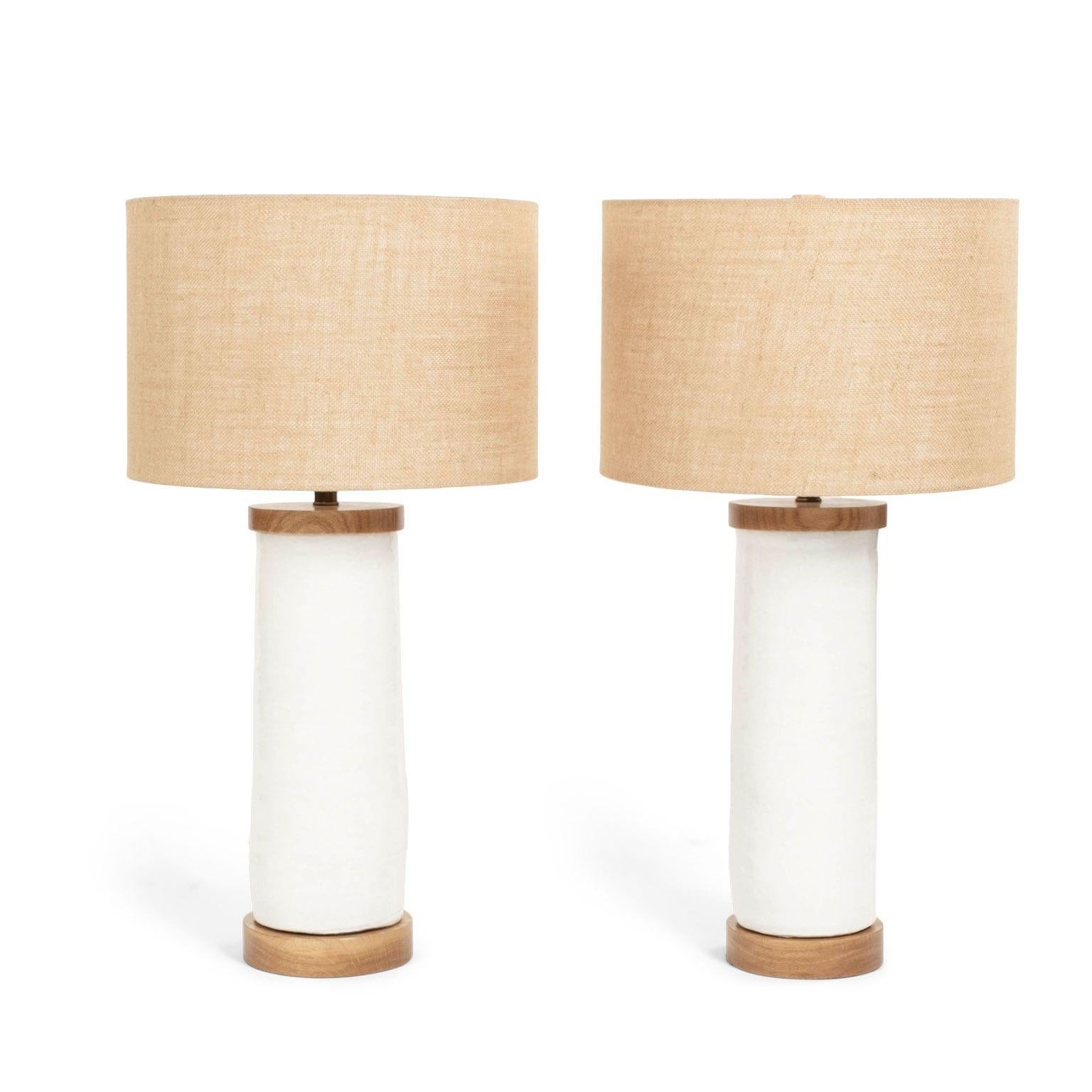 Woven White Glazed Ceramic Cylinder Shape Lamp For Sale