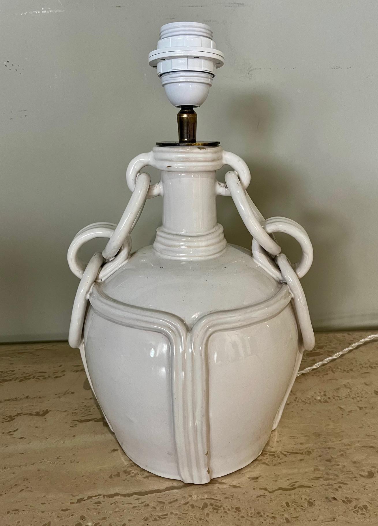 Mid-Century Modern White glazed ceramic lamp by Emile Tessier, Malicorne. France 1960's For Sale