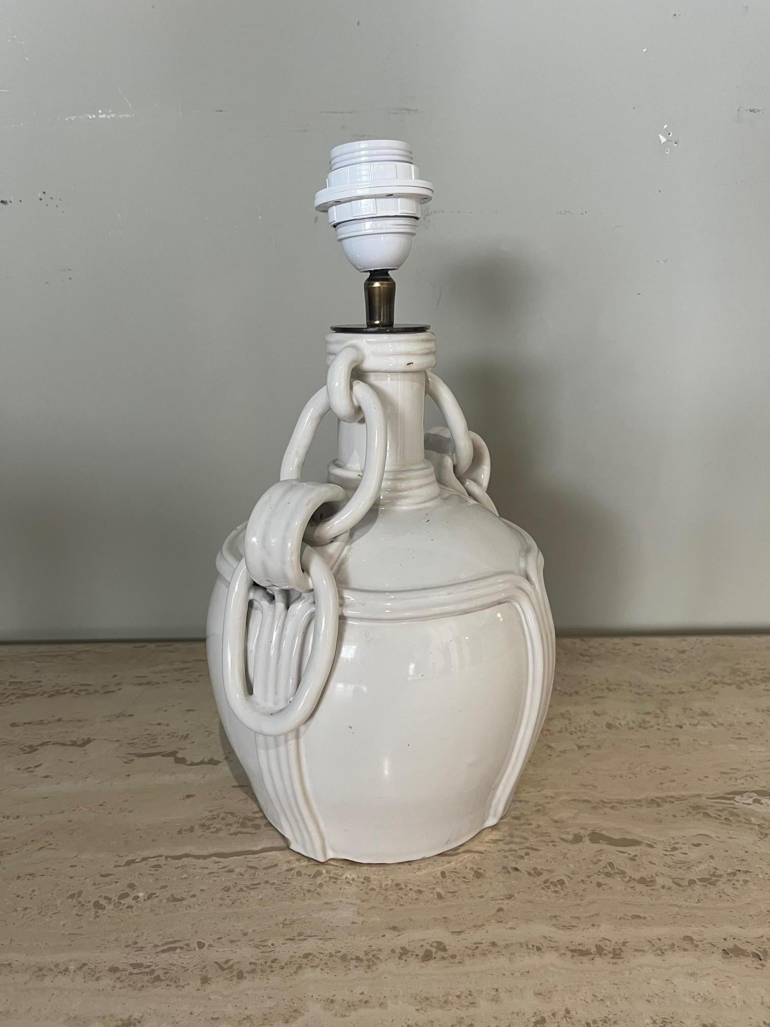 French White glazed ceramic lamp by Emile Tessier, Malicorne. France 1960's For Sale
