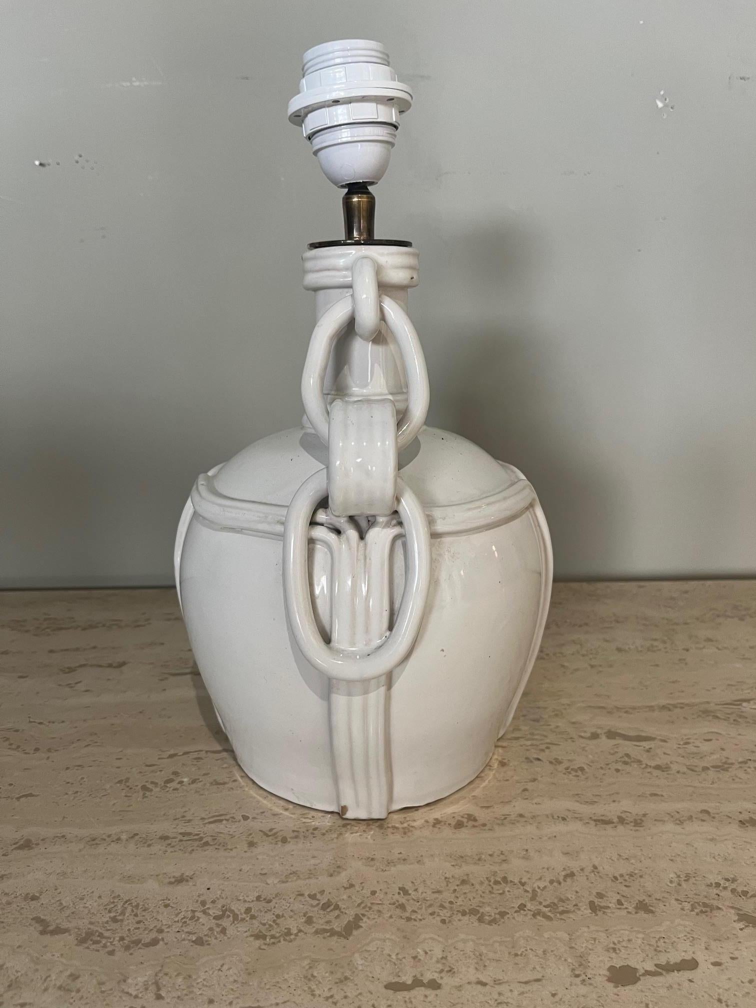 Glazed White glazed ceramic lamp by Emile Tessier, Malicorne. France 1960's For Sale