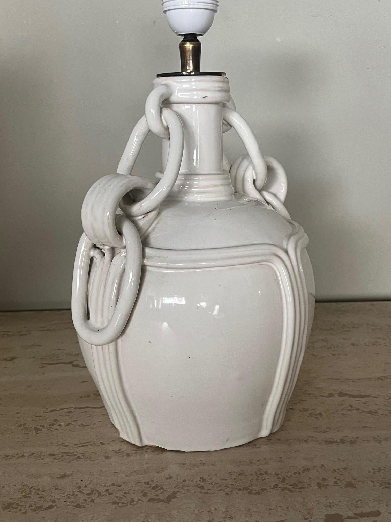 Mid-20th Century White glazed ceramic lamp by Emile Tessier, Malicorne. France 1960's For Sale