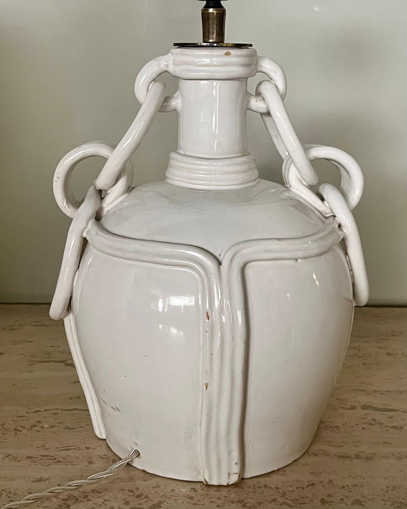 White glazed ceramic lamp by Emile Tessier, Malicorne. France 1960's For Sale 1