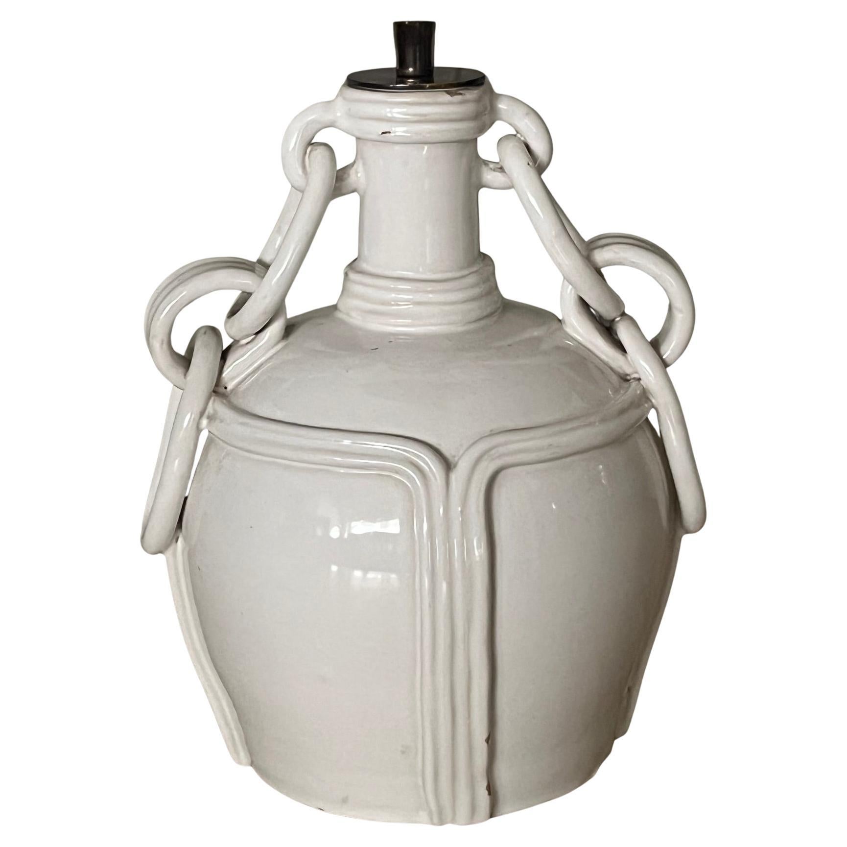 White glazed ceramic lamp by Emile Tessier, Malicorne. France 1960's For Sale