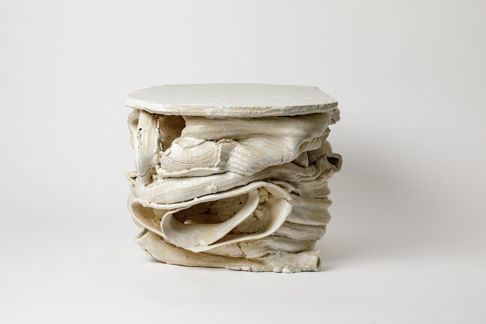 French White glazed ceramic table by Patrick Crulis, 2025. For Sale