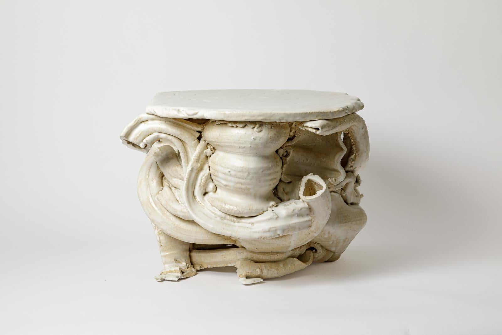 Contemporary White glazed ceramic table by Patrick Crulis, 2025. For Sale