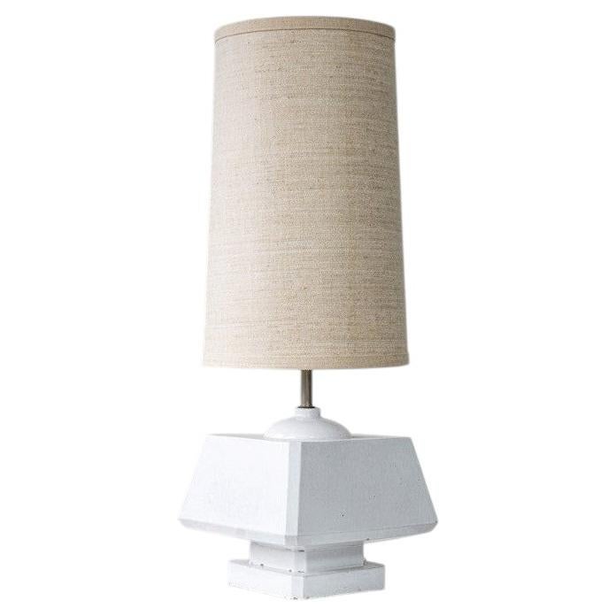 White Glazed Ceramic Table Lamp, Custom Made Silk Lampshade by R. Houben For Sale