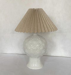 White Glazed Ceramic Table Lamp Textured Relief and Pleated Shade, Spain, 1970s