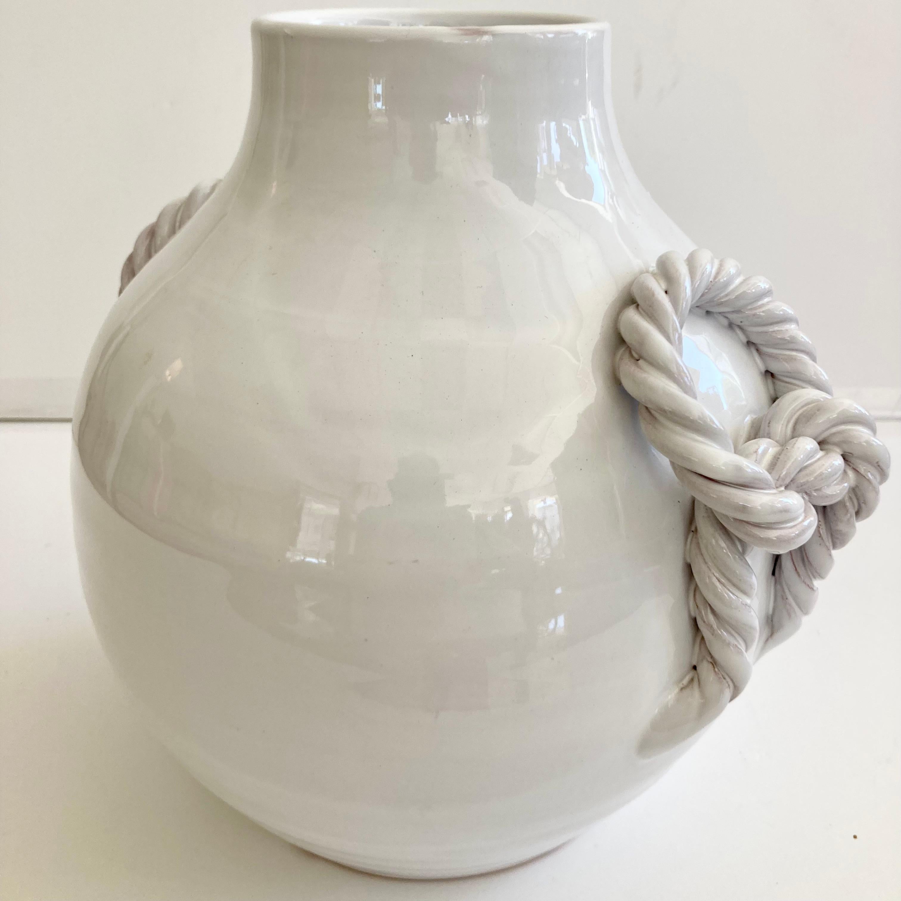 White Glazed Ceramic Vase With Braided Handles For Sale 4
