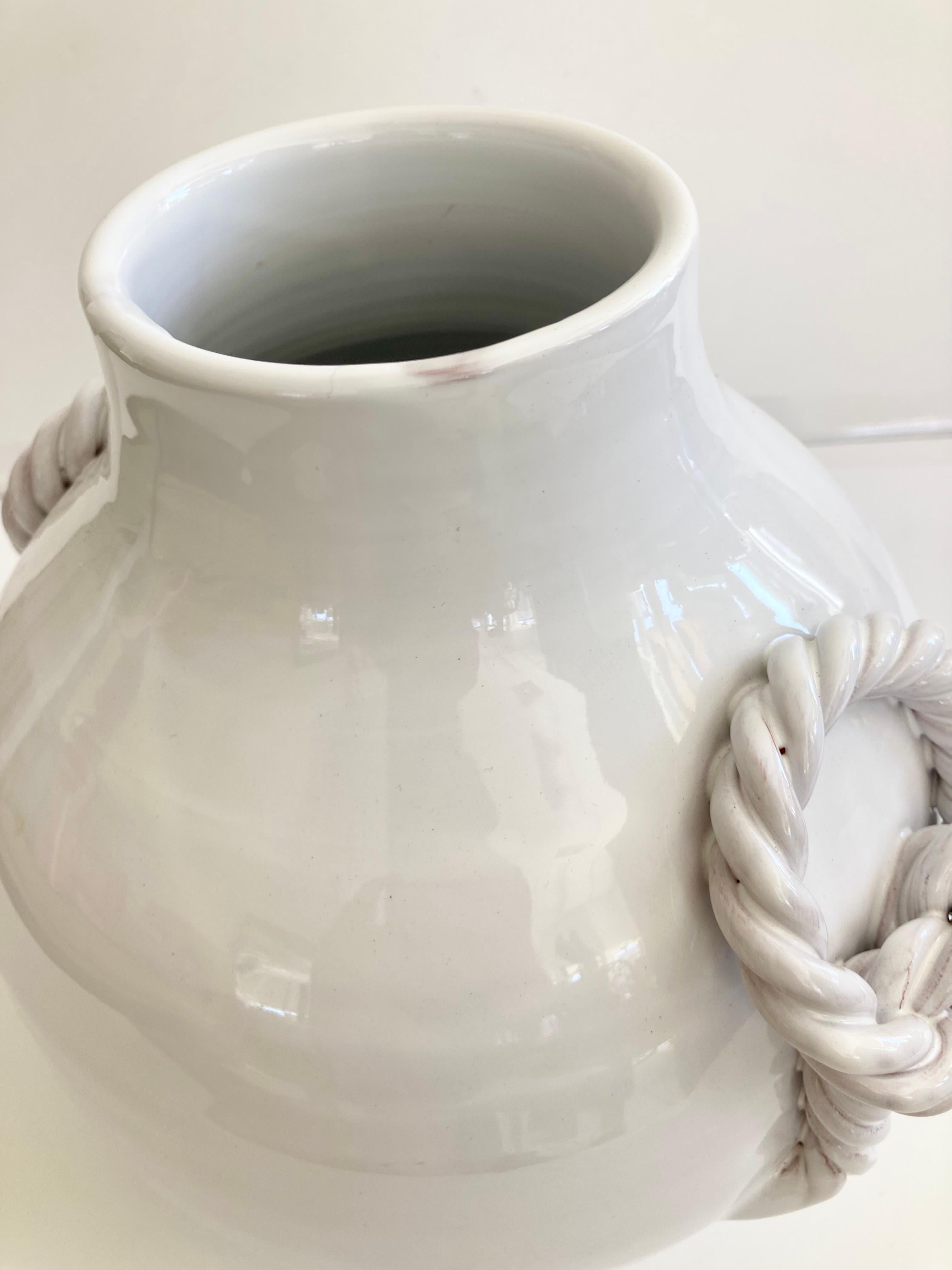 White Glazed Ceramic Vase With Braided Handles For Sale 5