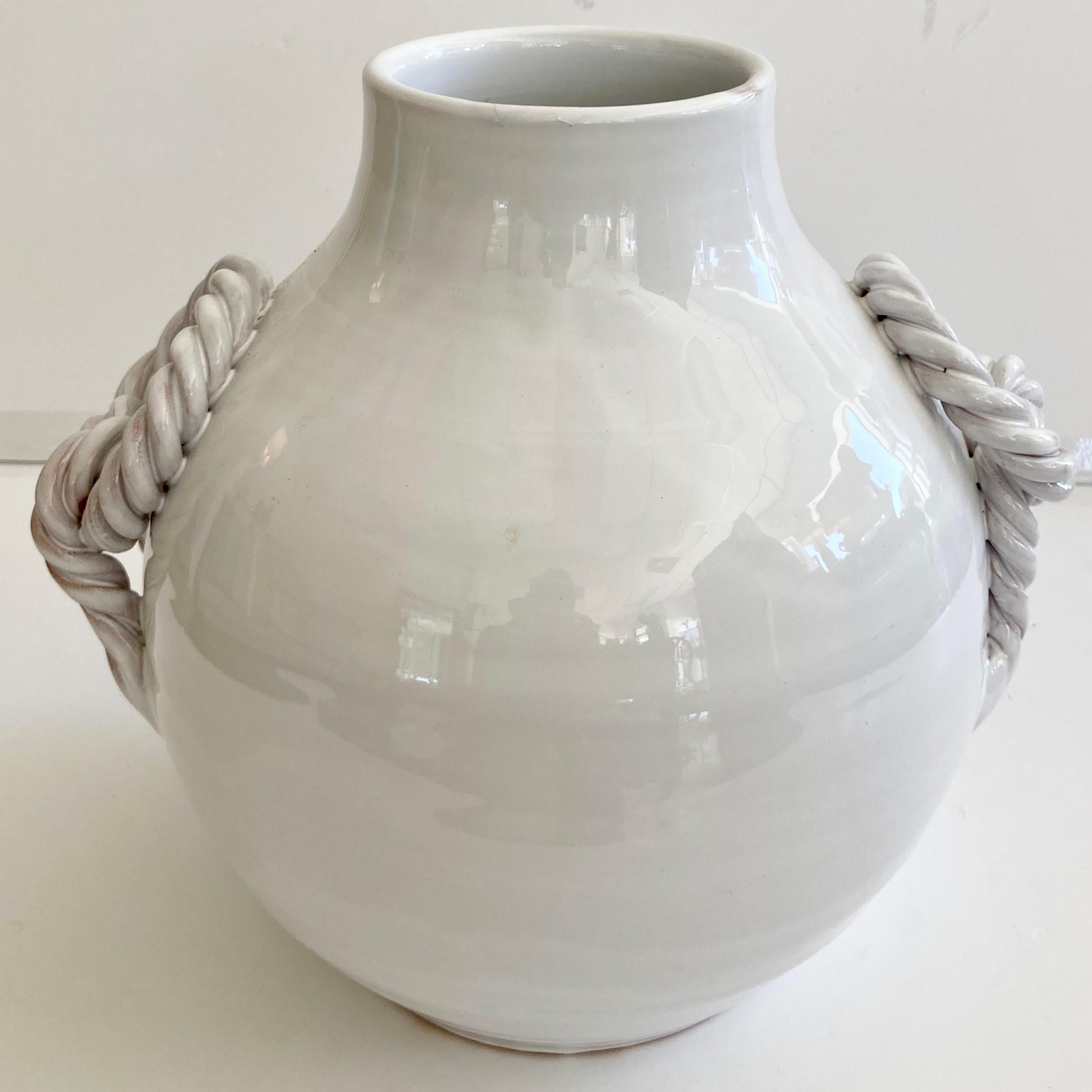Modern White Glazed Ceramic Vase With Braided Handles For Sale